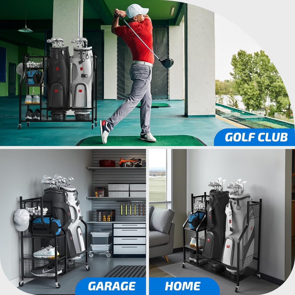 Plkow Golf Bag Storage Garage Organizer Fits For 2 Golf Bags And Golf Accessories, Extra Large Size Golf Bag Storage Stand And G