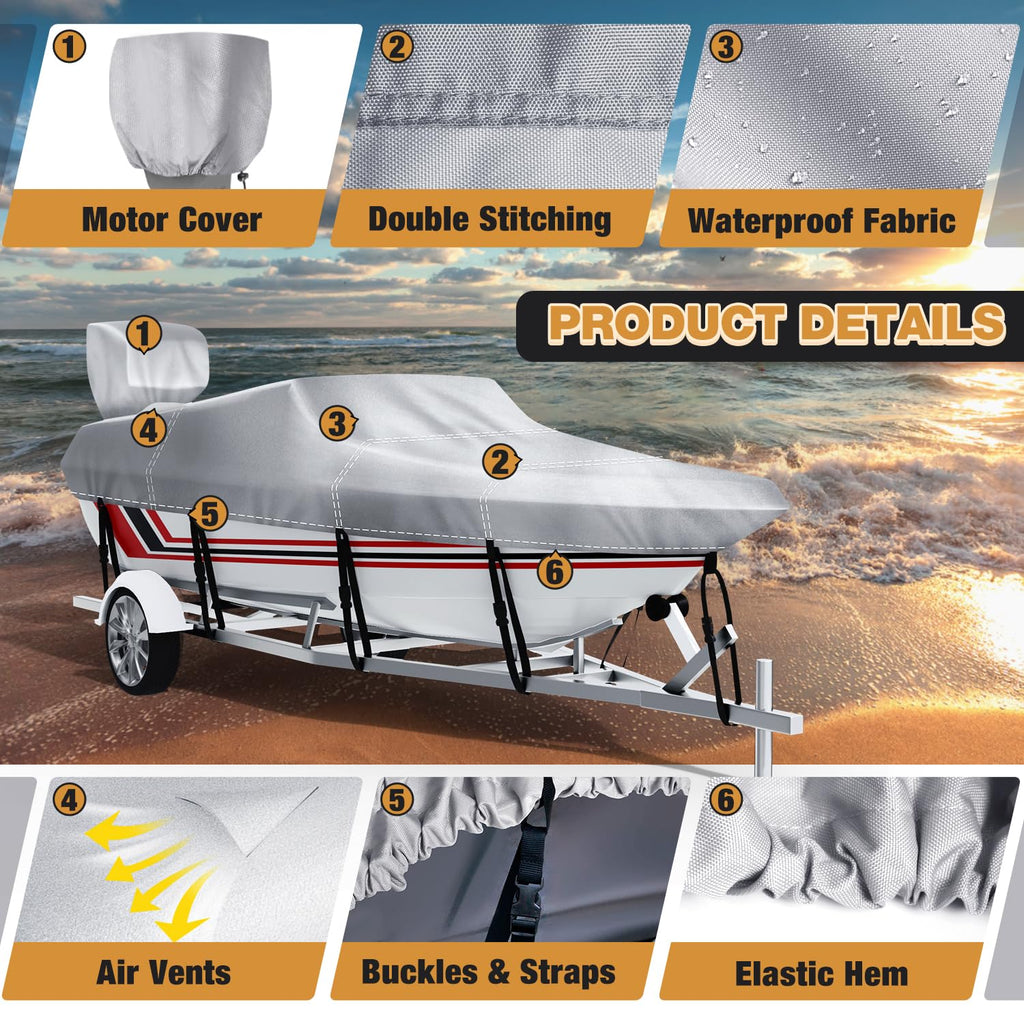 Vinpatio Boat Cover With Motor Cover, 20-22 Ft Heavy Duty 100% Waterproof Boat Covers Marine Grade Bass Boat Cover Fits V-Hull R