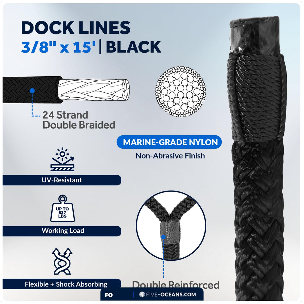 Five Oceans Boat Fenders Complete Set - Includes 4-Pack 4.5 X 16-Inch, Black - Boat Bumpers Clips, Dock Lines 3/8'' X 15' - 4 Ro