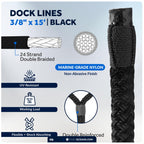 Five Oceans Boat Fenders Complete Set - Includes 4-Pack 4.5 X 16-Inch, Black - Boat Bumpers Clips, Dock Lines 3/8'' X 15' - 4 Ro