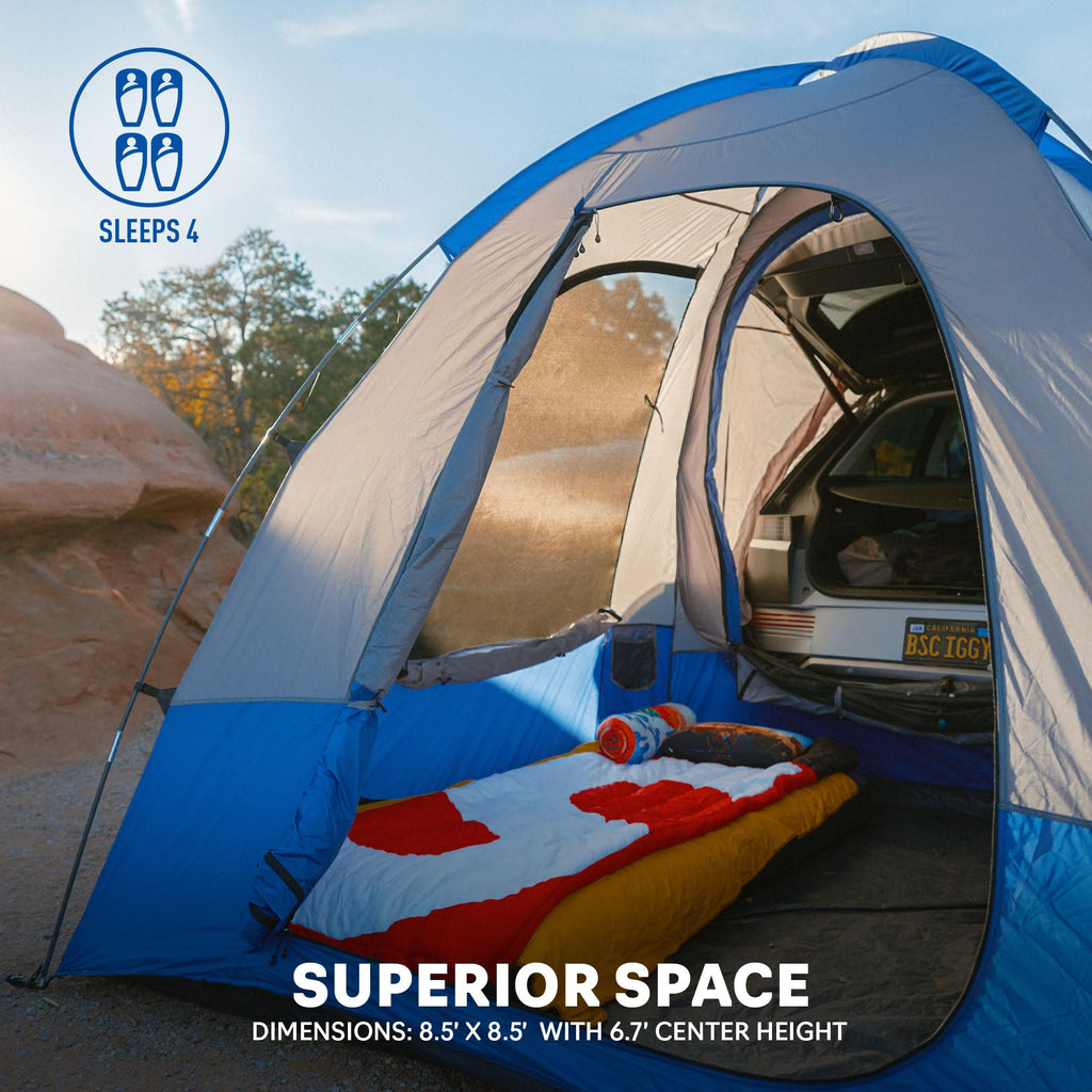 Napier Sportz Hatchback And Small Cuv Tent 8'X8' Waterproof Camping Tent With Awning 4 Person Blue/Grey Car Tent