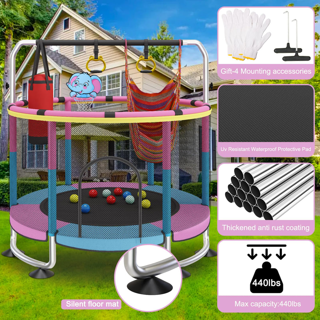 Trampoline for Kids, 60 Toddler Trampoline Indoor Outdoor, 440lbs KidsTrampoline with Enclosure Net, Upgraded Ring Legs with Adj