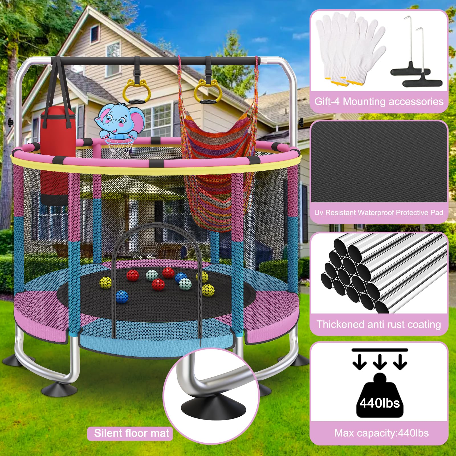 Trampoline for Kids, 60 Toddler Trampoline Indoor Outdoor, 440lbs KidsTrampoline with Enclosure Net, Upgraded Ring Legs with Adj