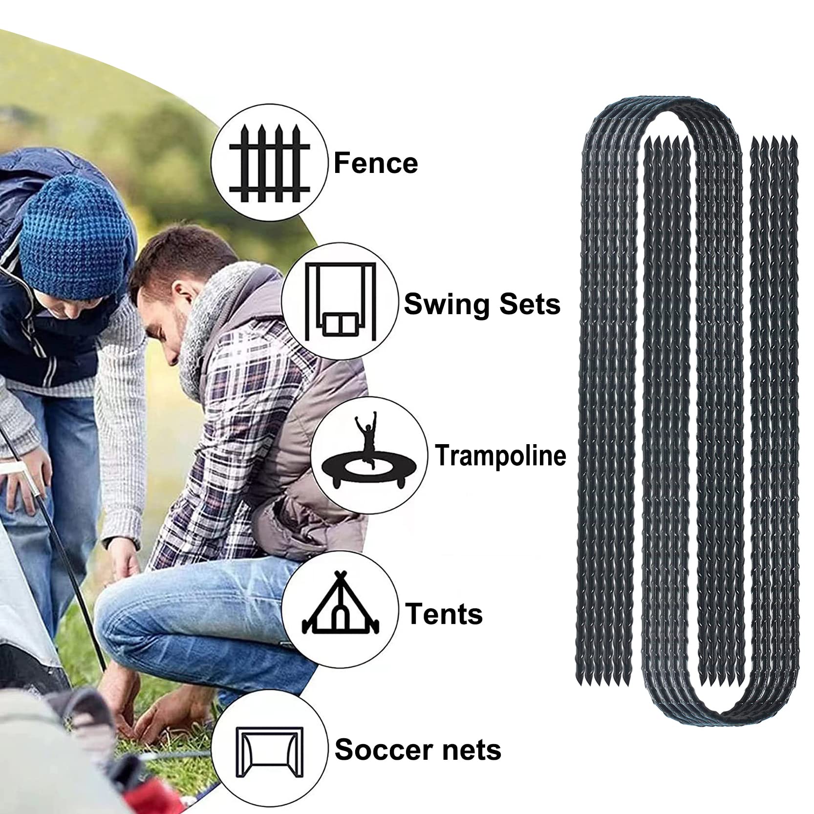 Trampolines Wind Stakes 24 Pack, 12 Inch Heavy Duty U Shaped Rebar Stake Ground Anchors Galvanized Steel Safety Trampoline Ancho