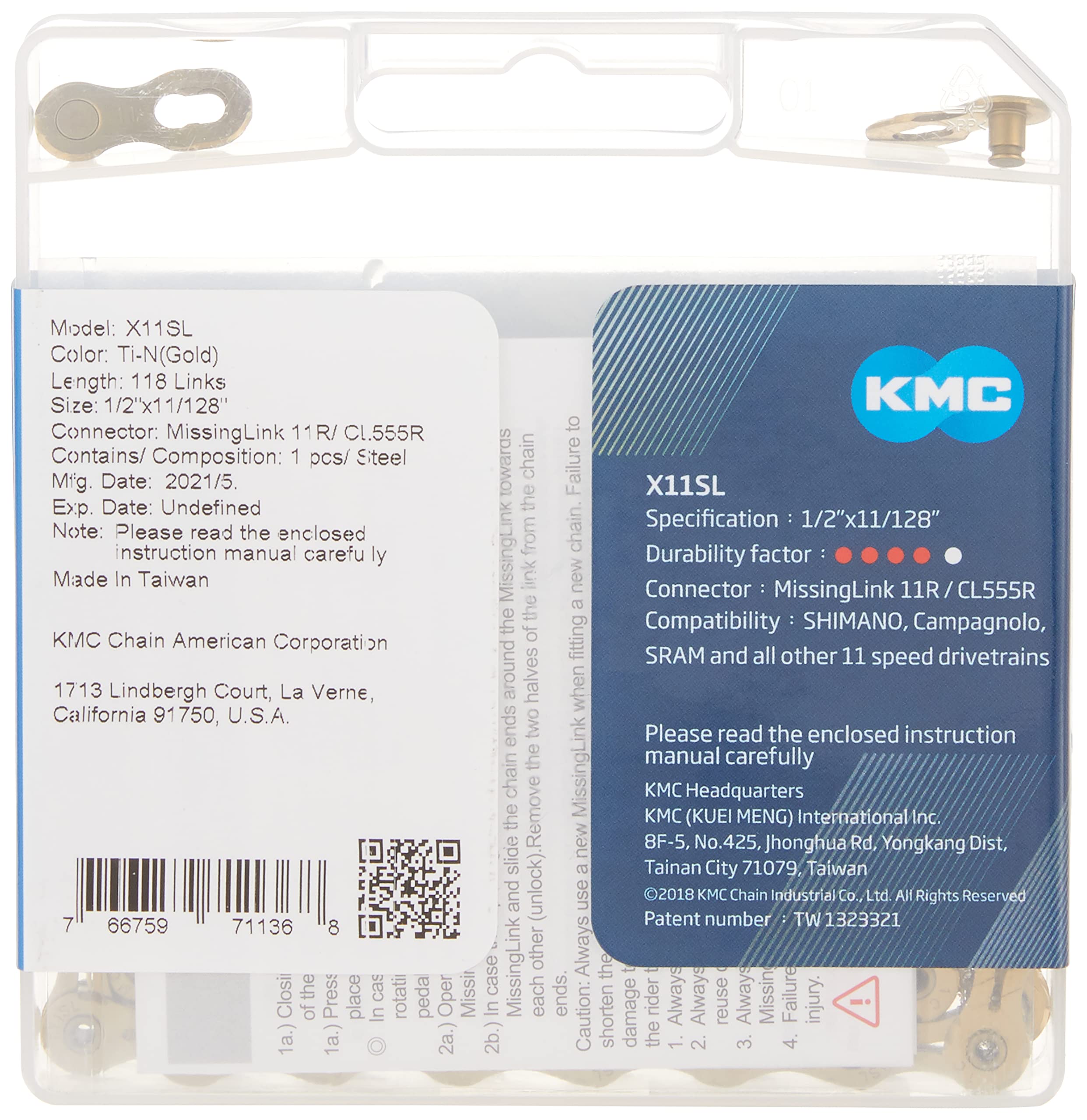 Kmc X11 Chain 11-Speed, Sl-Series Gold, Mountain Bike/Road/Gravel 11 Speed Chain: Shimano, Sram, Campagnolo Compatible. Missing