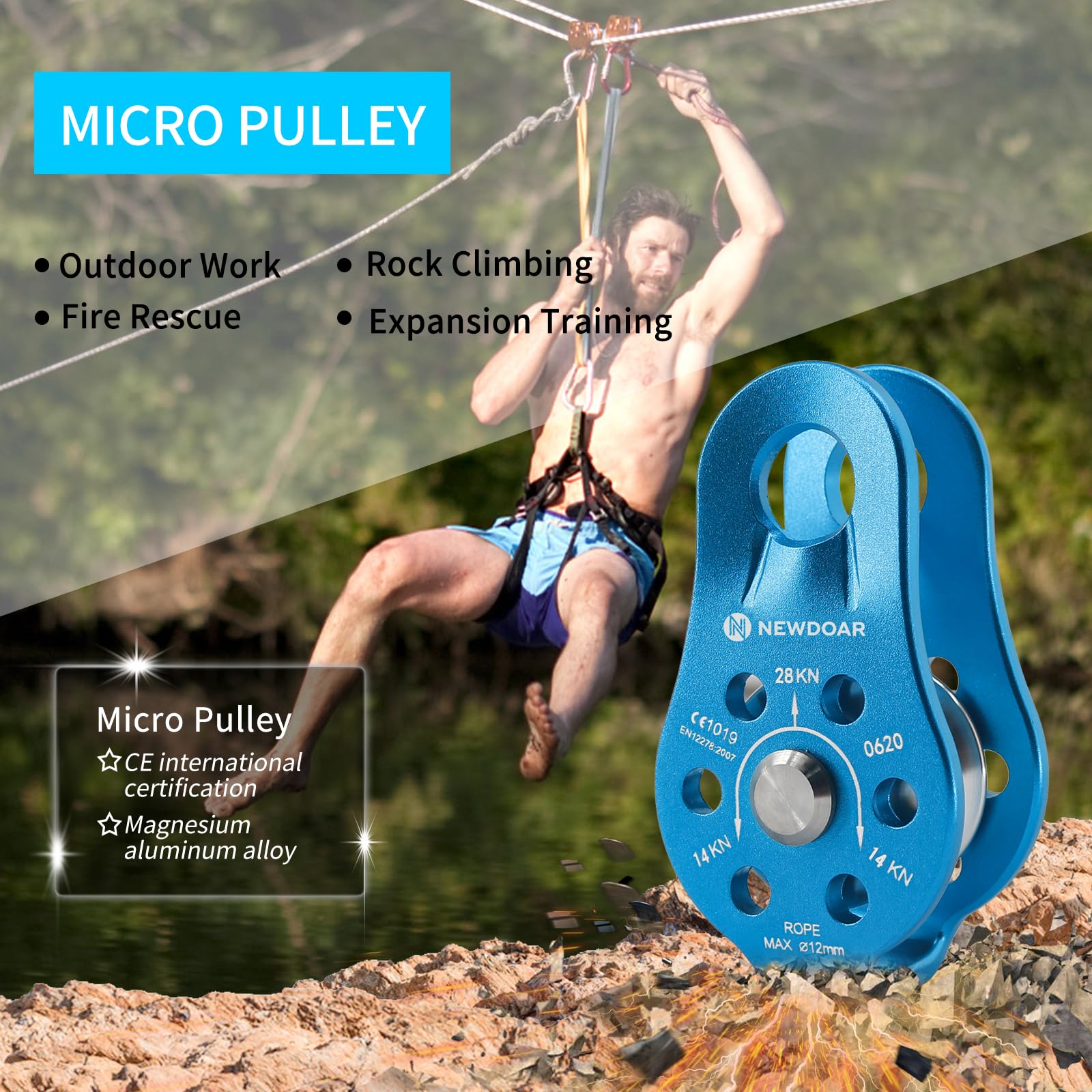 Newdoar Fixed Plate Micro Pulley,26Kn Ce Certified General Purpose Small Aluminum Rope Pulleys For Climbing/Aloft Work/Rappellin