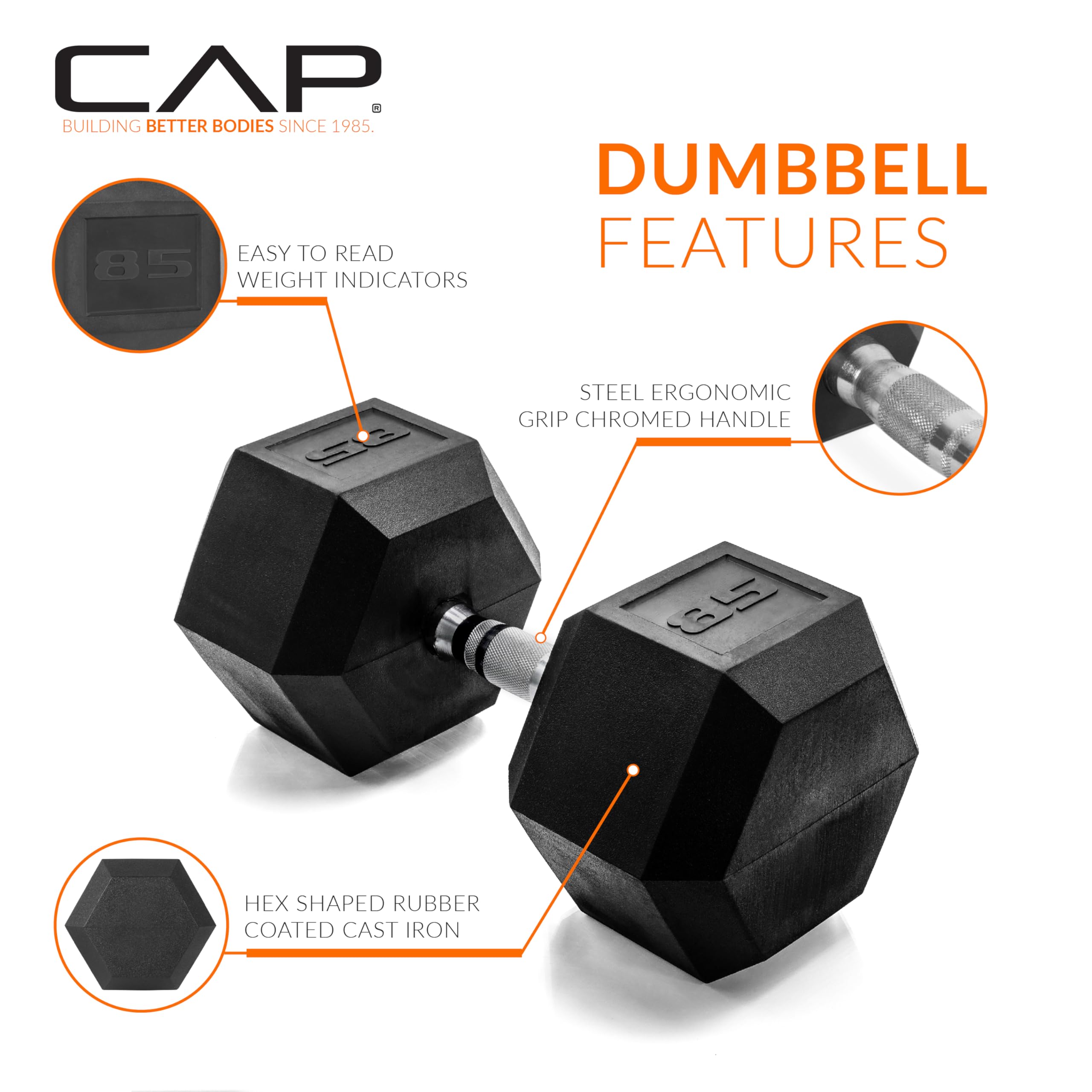 CAP Barbell 85 LB Rubber Coated Hex Dumbbell Hand Weight - Pair | Chrome Handle