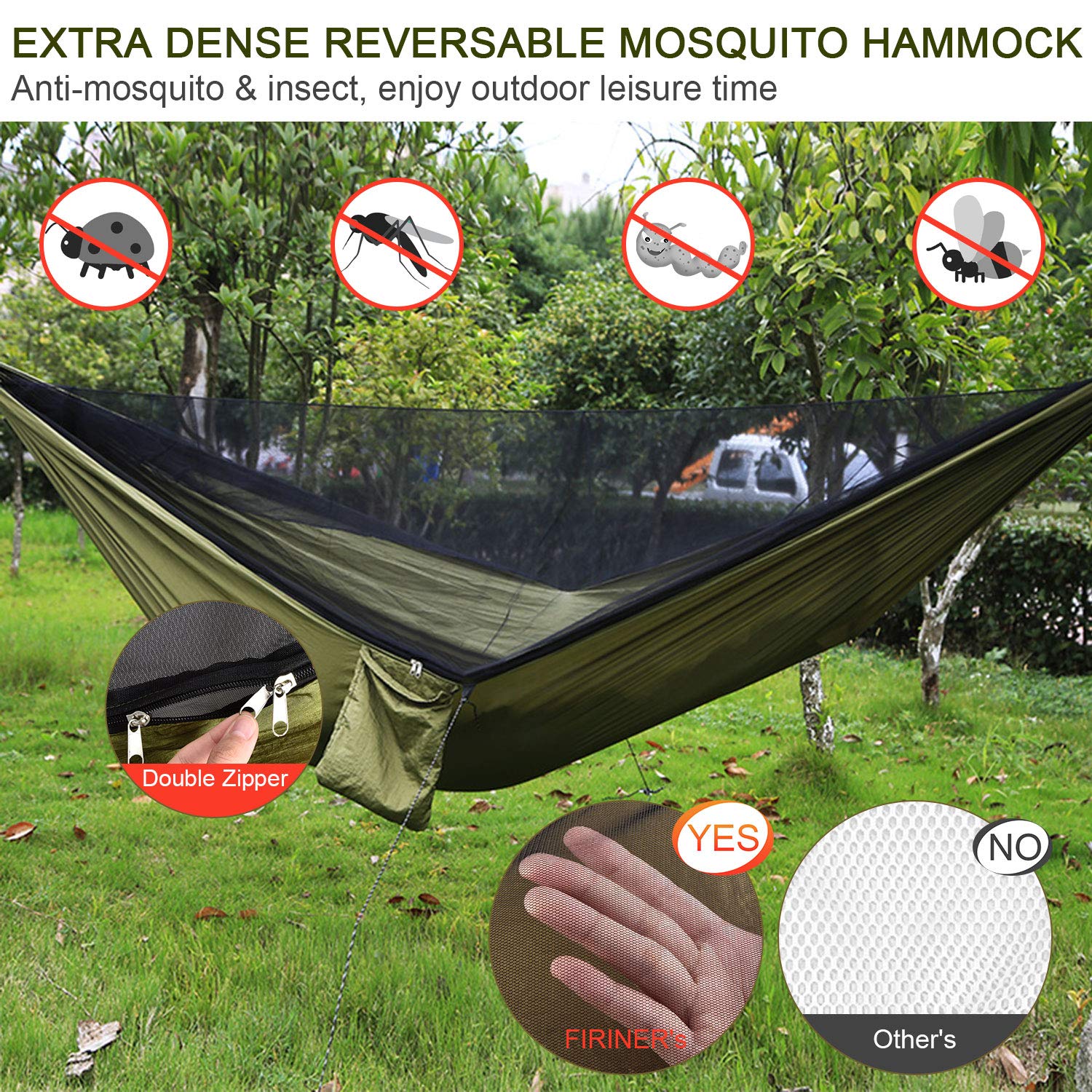 Firiner Camping Hammock With Rain Fly Tarp And Mosquito Net Tent Tree Straps, Portable Single Double Nylon Parachute Hammock Rai
