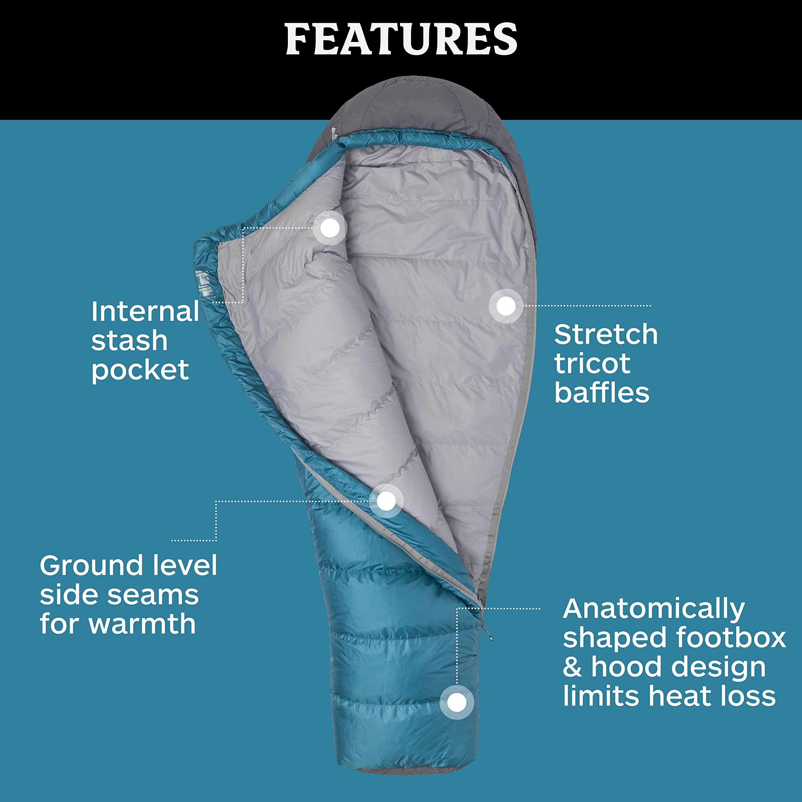 Marmot Women? Lozen Long Mummy Sleeping Bag  Down-Filled, Lightweight, 30-Degree Rating, Late Night/Steel Onyx, Regular