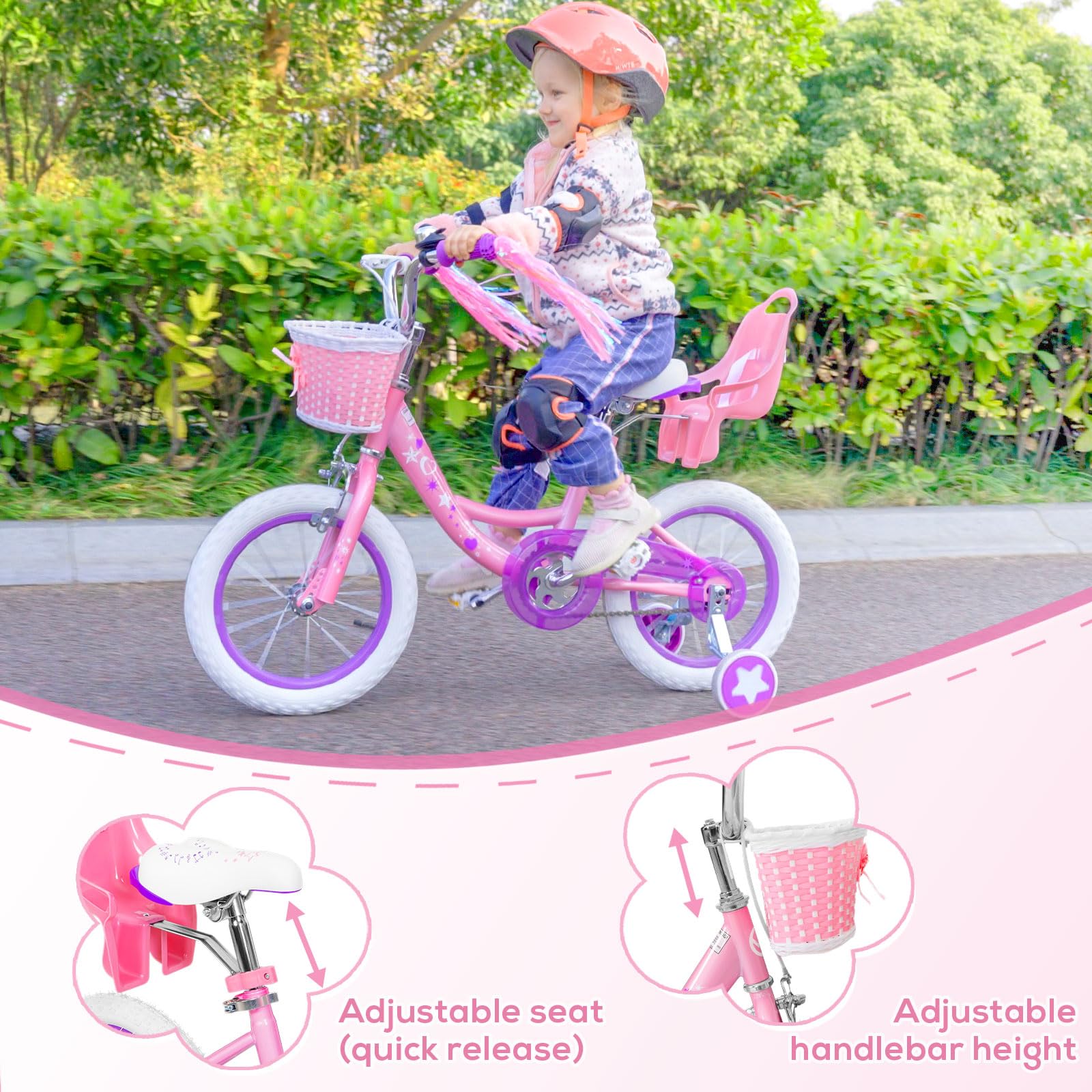Weize Girls Bike For 3-5 Years Old Kids, 14 Inch Kids Bike With Training Wheels, Streamers, Basket And Doll Seat, Children Bicyc