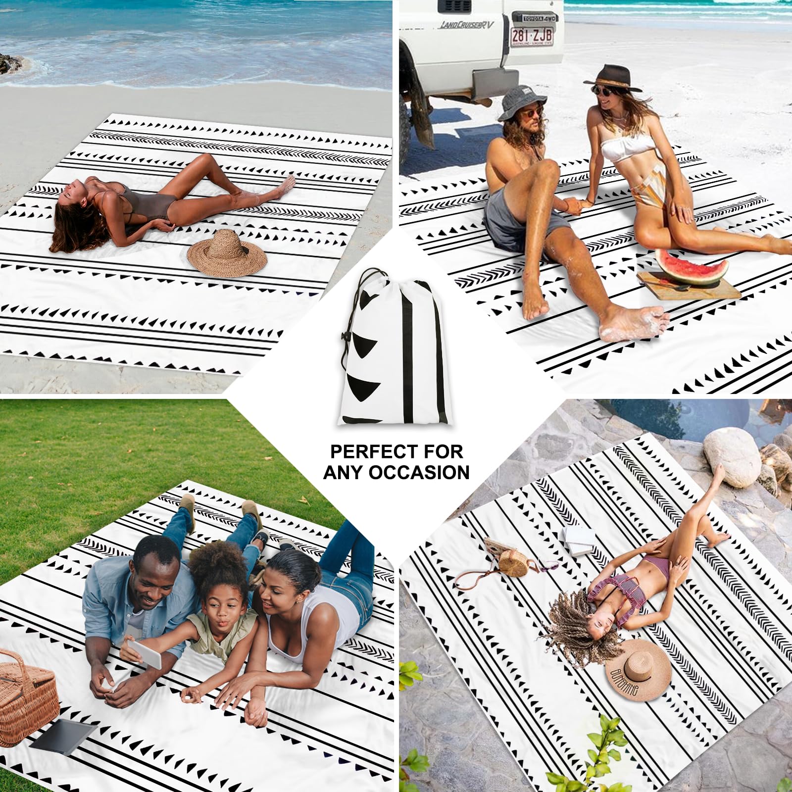 Large Beach Blanket For 1-4 Adults, 78''  86'' Waterproof Sandproof Beach Blankets With 4 Stakes & 4 Corner Pockets, Polyester L