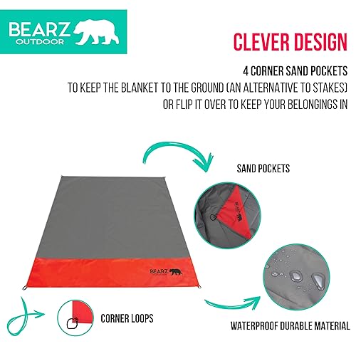 Bearz Outdoor Pocket Blanket - Beach Blanket Waterproof Sandproof, Picnic Blankets Waterproof Foldable, Lightweight & Compact Fo
