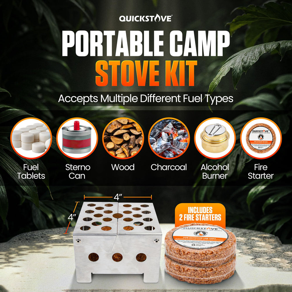 Quickstove Portable Stove Kit With Camping Pot & 2 Fire Starters, Lightweight Stainless Steel Wood Burning Stove For Emergency P