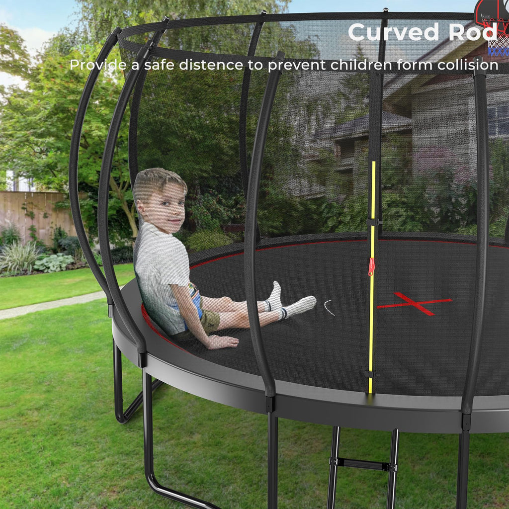 Lyromix 14FT Trampoline Outdoor with Basketball Hoop, Trampoline with Lights for Kids and Adults, Recreational Trampolin with Sp