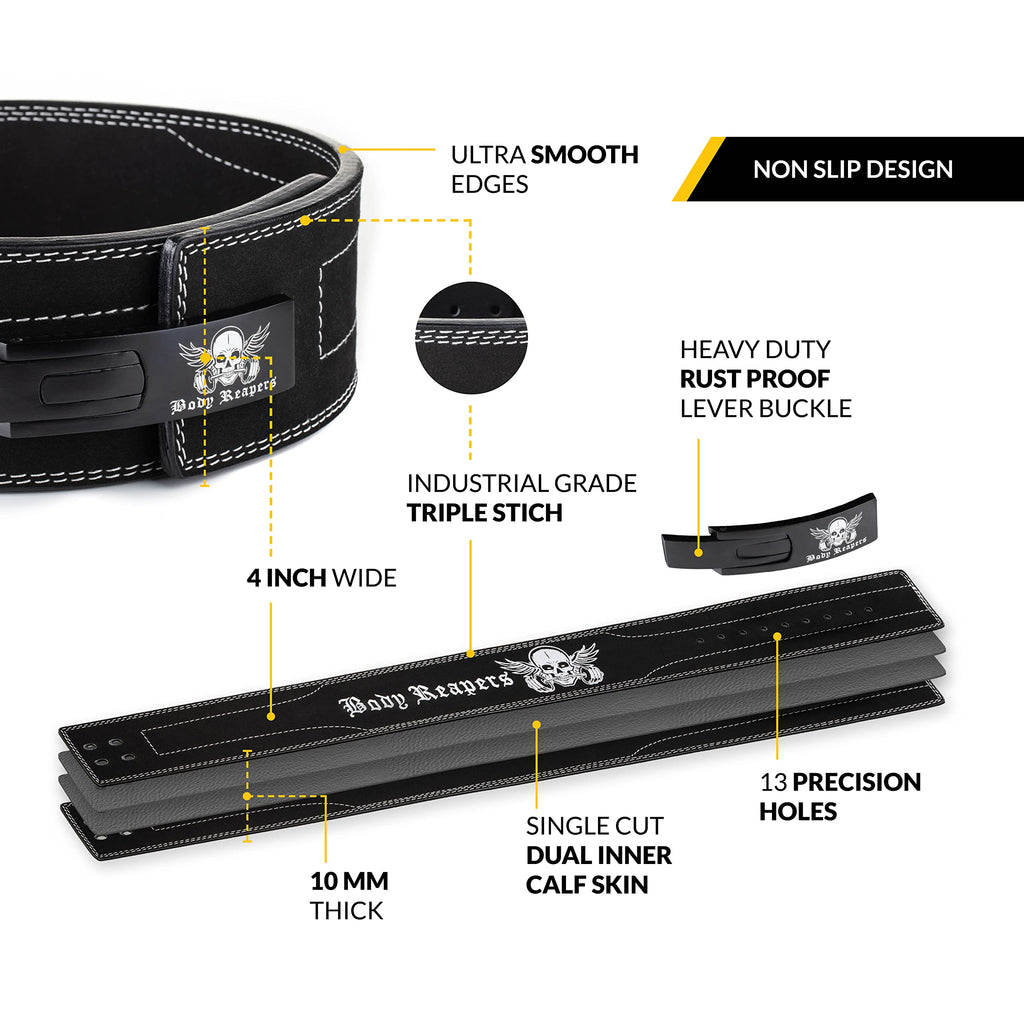 Body Reapers Weightlifting Belt 10Mm Thick, 4-Inch Wide Calfskin Leather Weight Belt With Adjustable Metal Buckle Offers Back Su