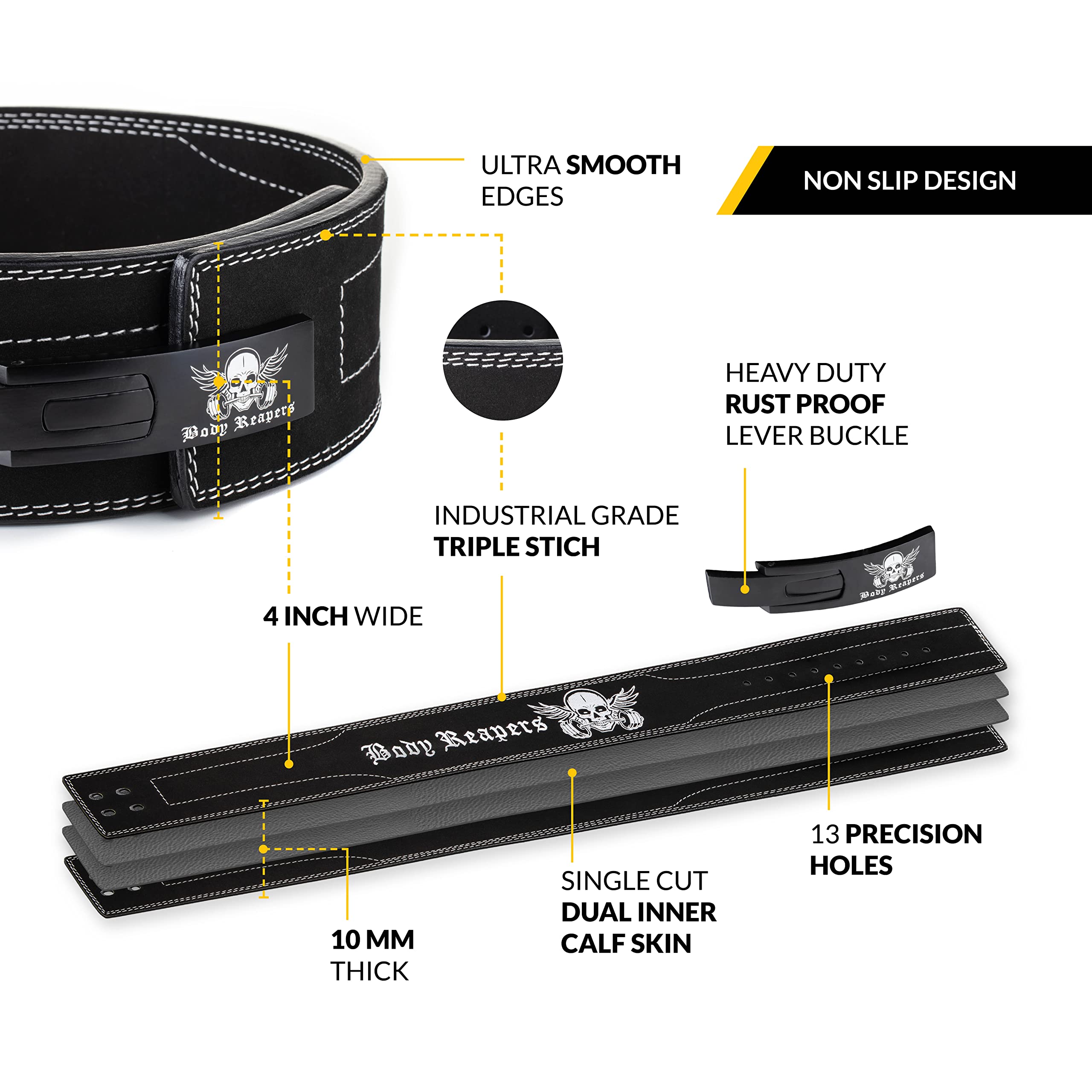 Body Reapers Weight Lifting Belt For Men & Women, Heavy Duty Lever Belt Weightlifting Belt Made Of Calfskin Leather 10Mm Thick,