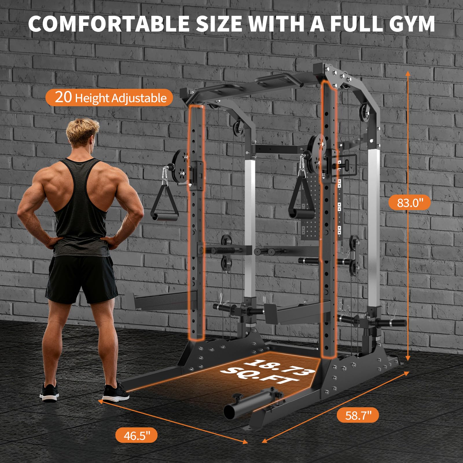 Power Cage, 2000 LB Squat Rack with Dual Pulley Cable Crossover, Multi-Function Home Gym Power Rack with Attachments, Full Body