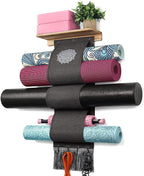 Vinaemo Yoga Mat Holder Wall Mount Yoga Mat Storage Rack With 3 Sizes Pocket Wood Floating Shelves And 4 Hooks For Hanging Foam 