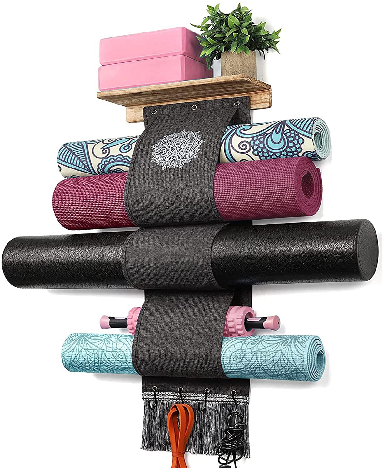 Vinaemo Yoga Mat Holder Wall Mount Yoga Mat Storage Rack With 3 Sizes Pocket Wood Floating Shelves And 4 Hooks For Hanging Foam 