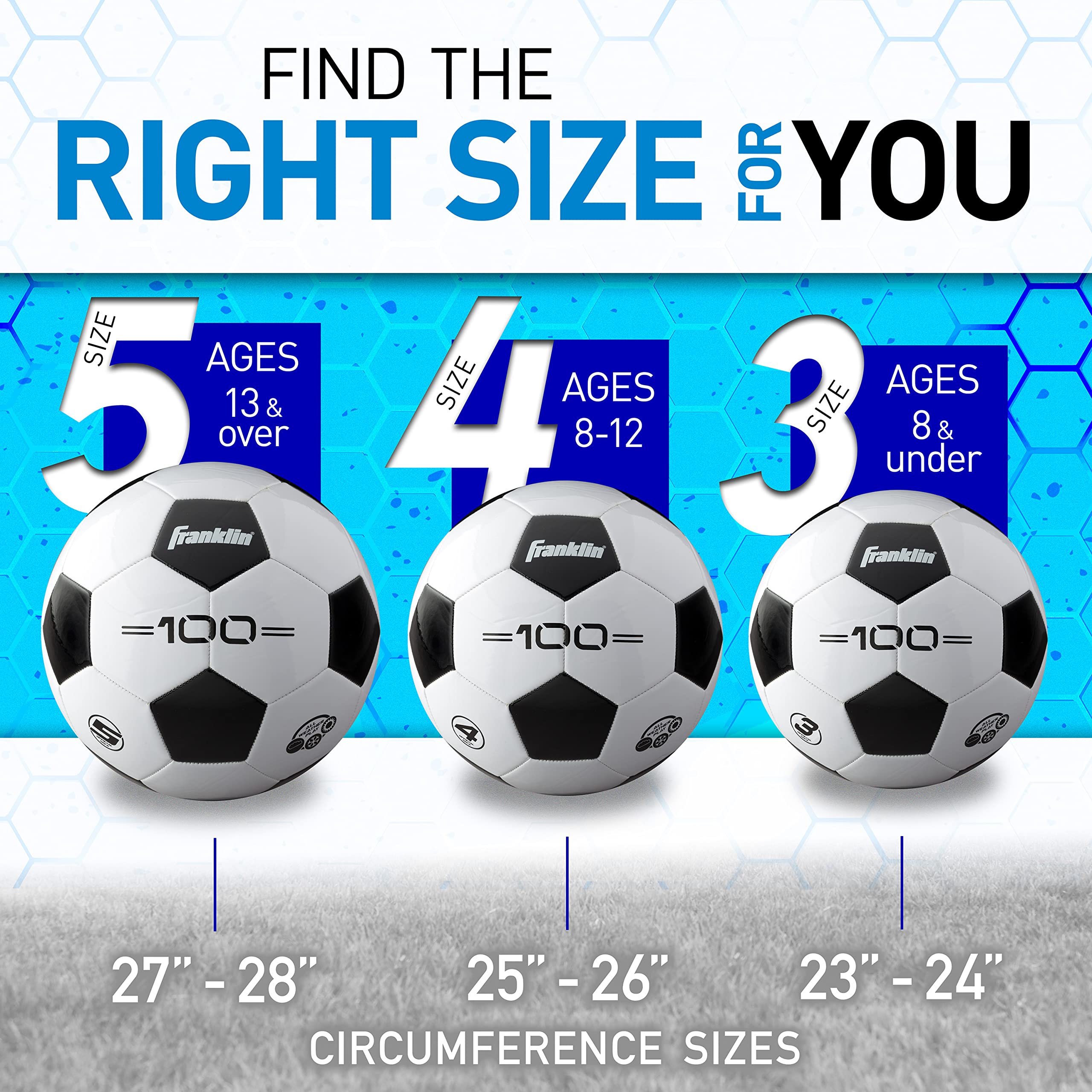 Franklin Sports Soccer Balls - Size 3 F-100 - Youth Soccer Ball, White/Black