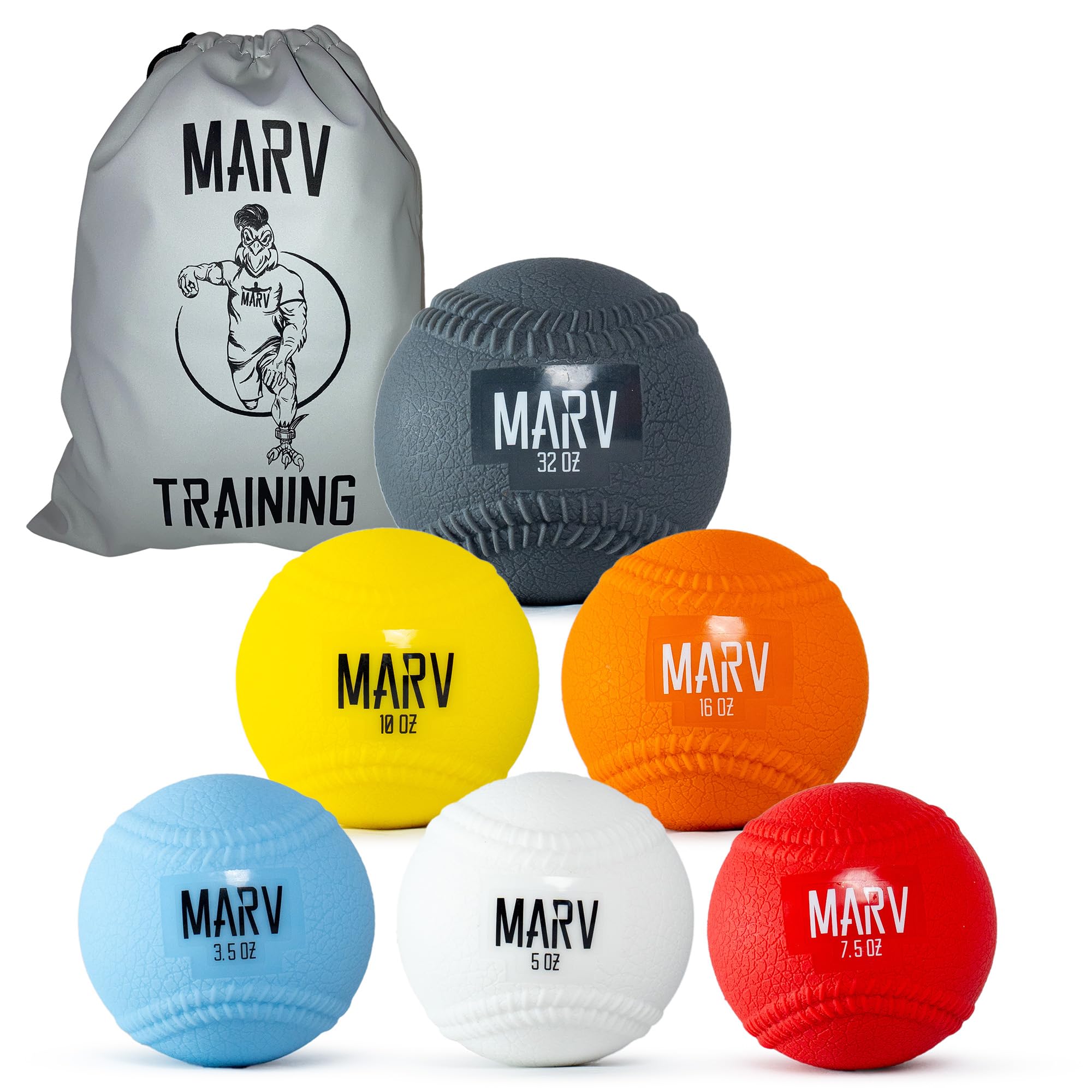 Marv Balls - Velo Set (Soft Shell Plyo Baseball) Original Plyo with Seams Velocity Development Set - 6 Weighted Baseballs