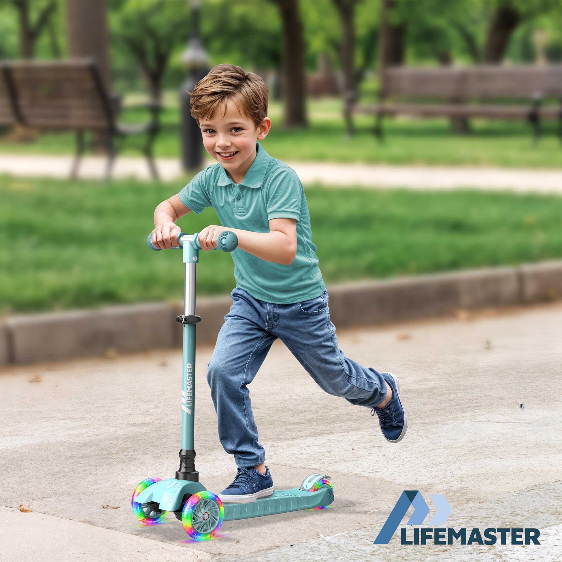 Lifemaster Kids Scooter - Children and Toddler 3 Wheel Kick Scooter - LED Wheel Lights Illuminate When Rolling- Adjustable Handl