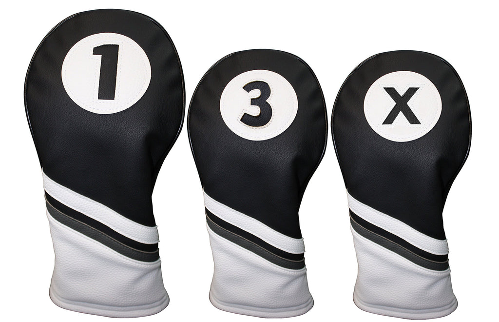 Majek Golf Headcovers Black And White Leather Style 1, 3, X Driver And Fairway Head Covers Fits 460Cc Drivers