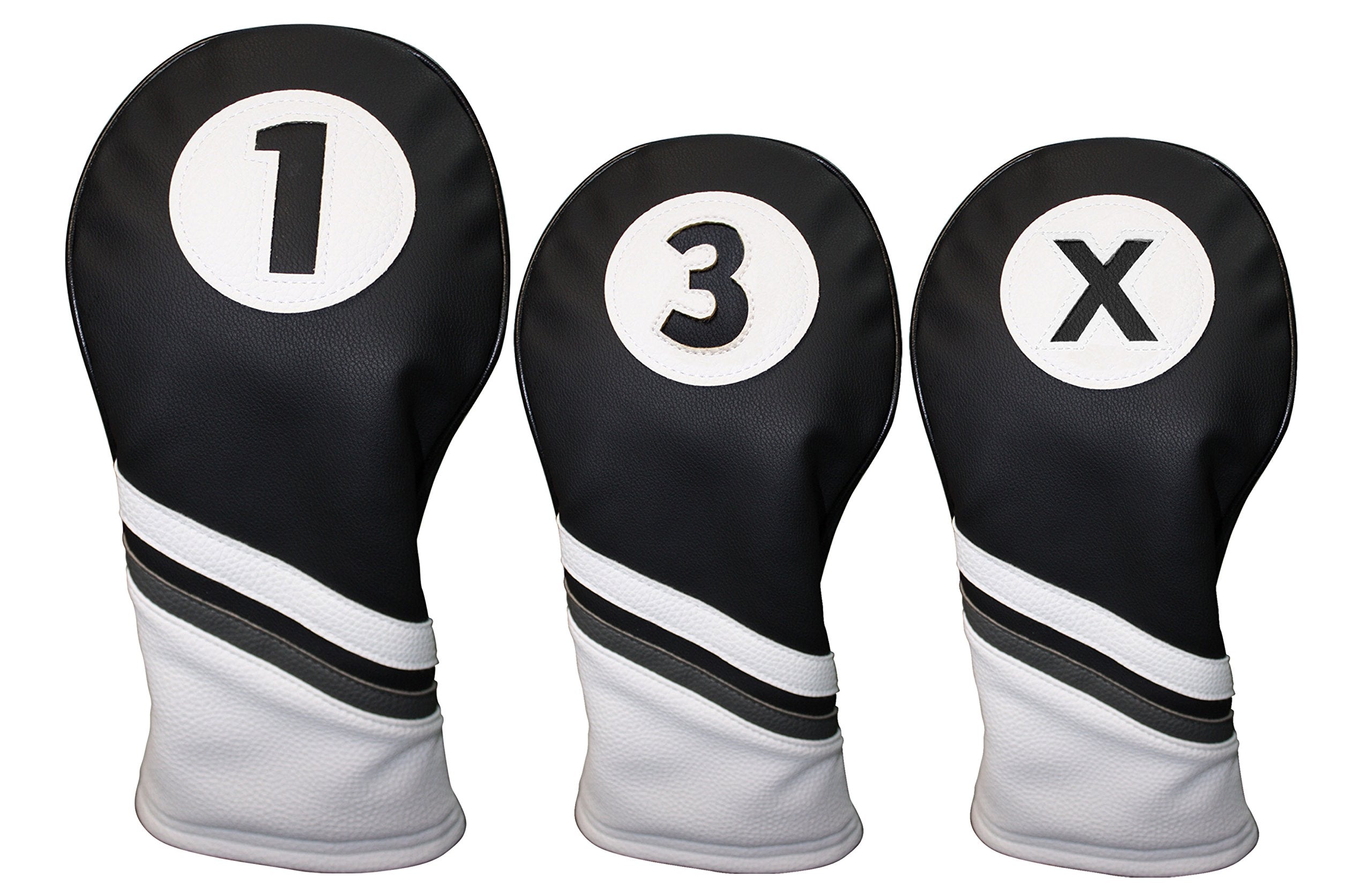 Majek Golf Headcovers Black And White Leather Style 1, 3, X Driver And Fairway Head Covers Fits 460Cc Drivers