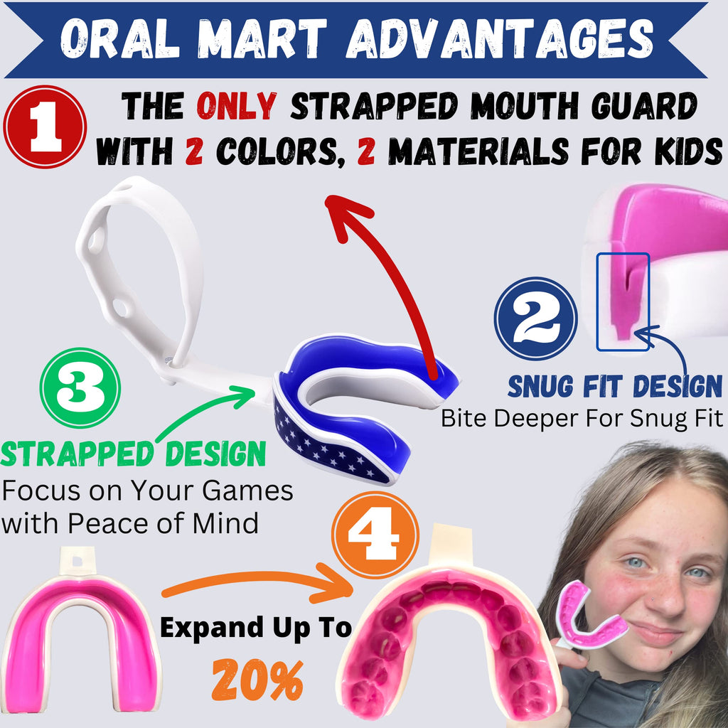 Oral Mart Usa Flag Strapped Youth Mouth Guard For Kids - American Flag Sports Mouthguard With Strap For Ice Hockey, Football, La