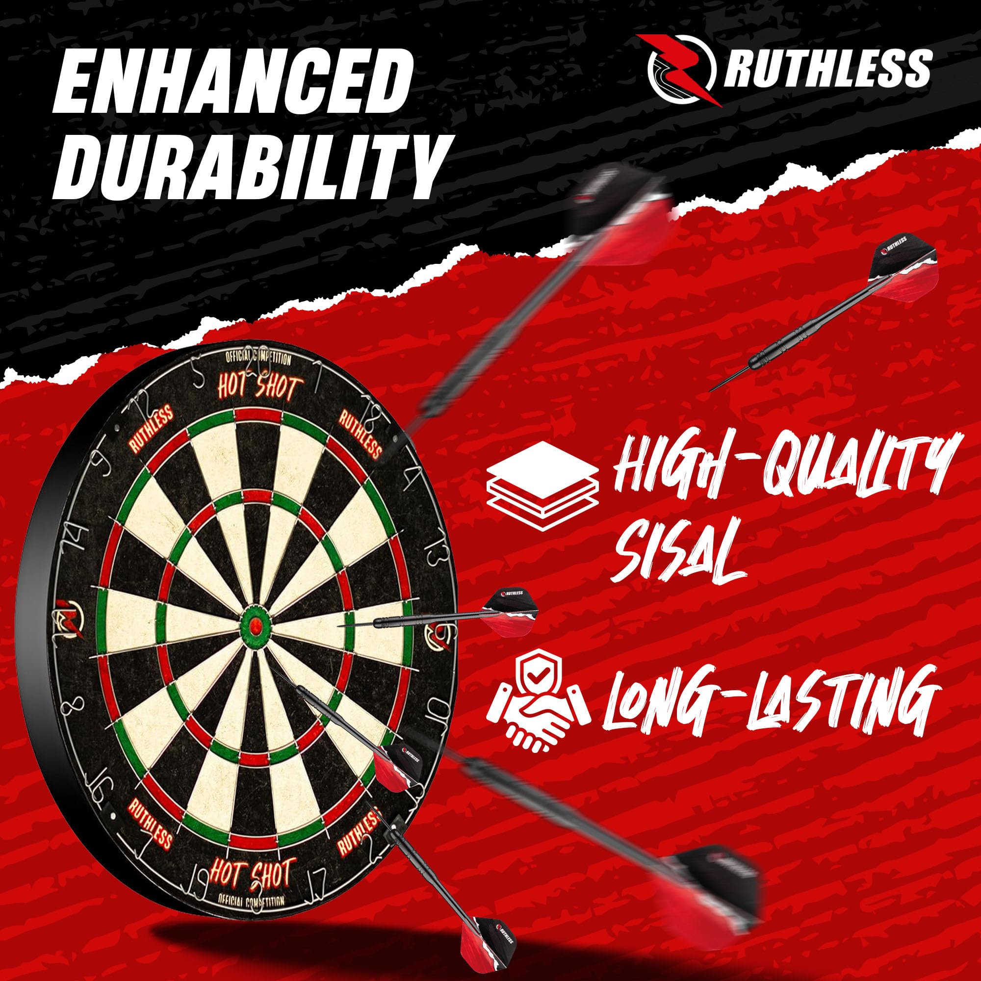 Ruthless Hot Shot Dart Board  Endurance Round Wire Sisal Dartboard Including 2 Sets Of Steel Tip Darts (Db073)