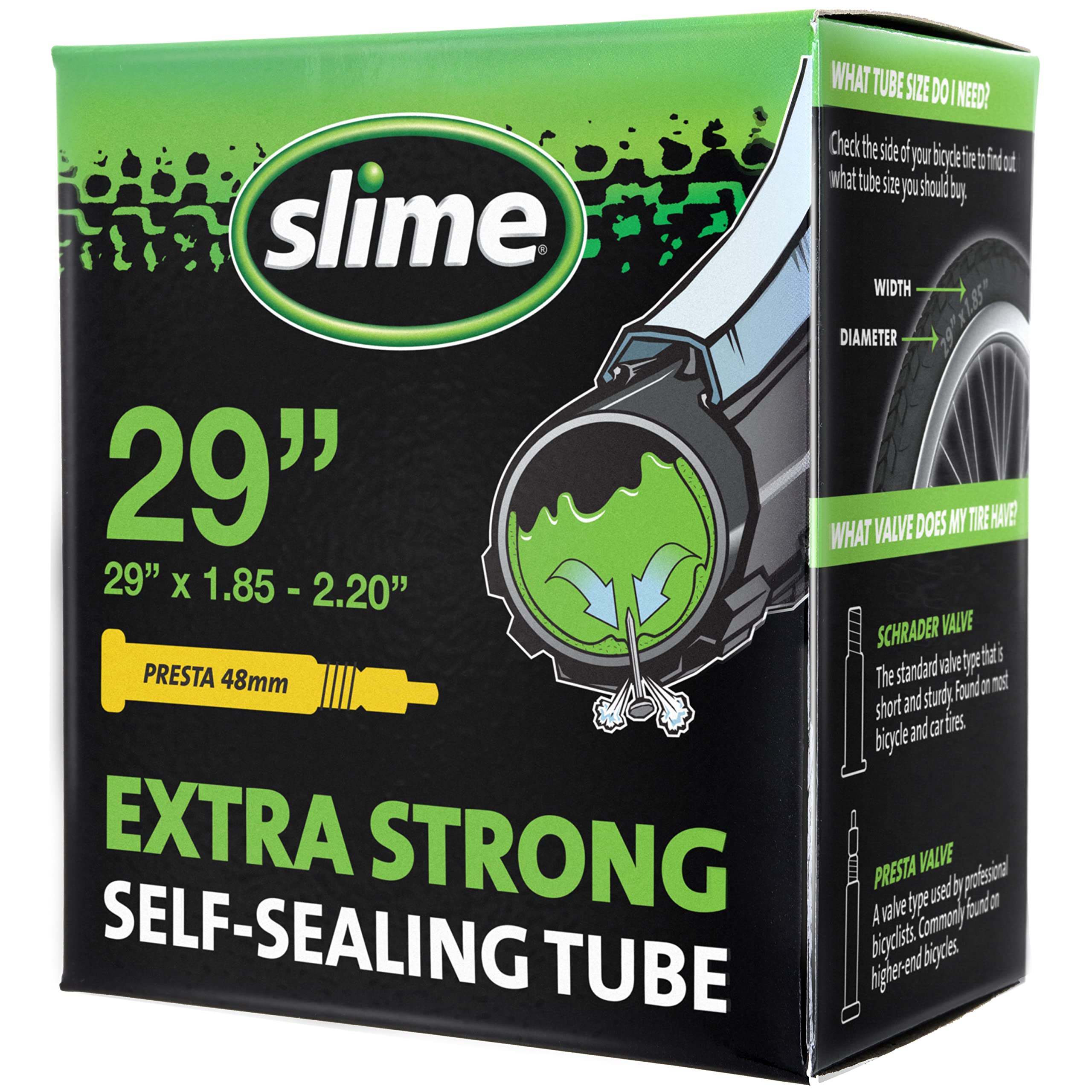 Slime 30043 Bike Inner Tube With Slime Puncture Sealant, Extra Strong, Self Sealing, Prevent And Repair, Presta Valve, 29 X 185-