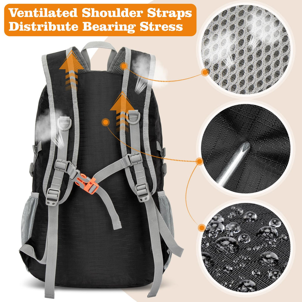 ZOMAKE Lightweight Packable Backpack 30L, Foldable Hiking Backpacks Water Resistant Compact Folding Daypack for Travel(Pure Blac