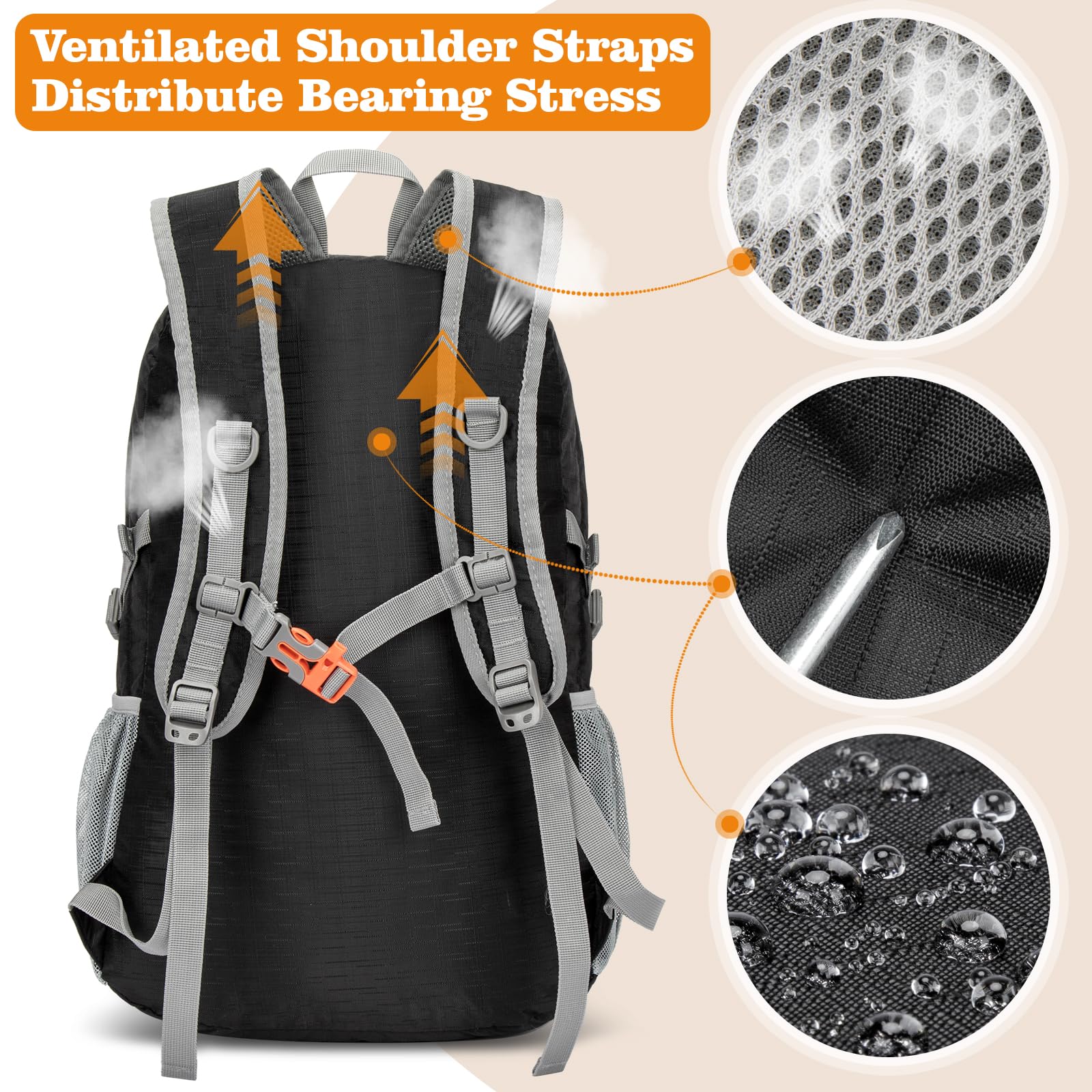 ZOMAKE Lightweight Packable Backpack 30L, Foldable Hiking Backpacks Water Resistant Compact Folding Daypack for Travel(Pure Blac