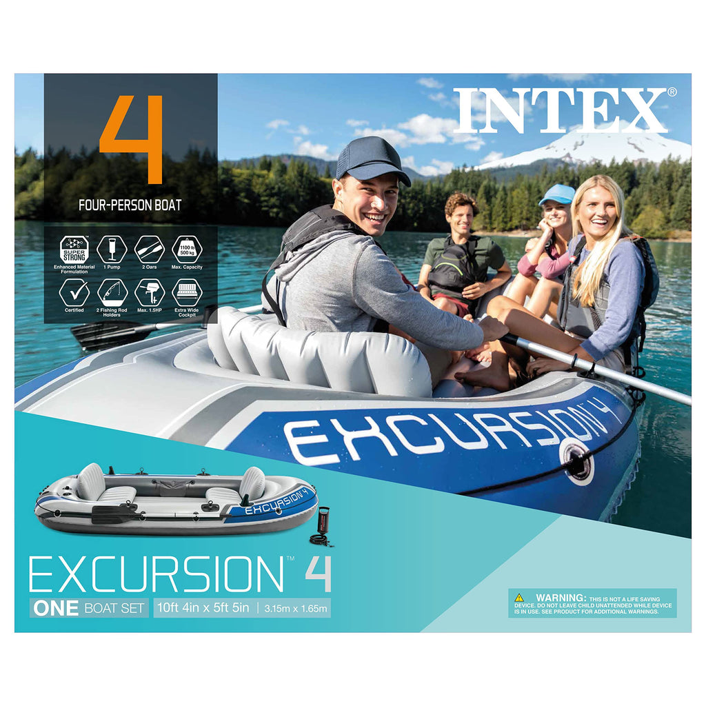 Intex 68324Ep Excursion 4 Inflatable Boat Set: Includes Deluxe 54In Aluminum Oars And High-Output Pump - Adjustable Seats With B