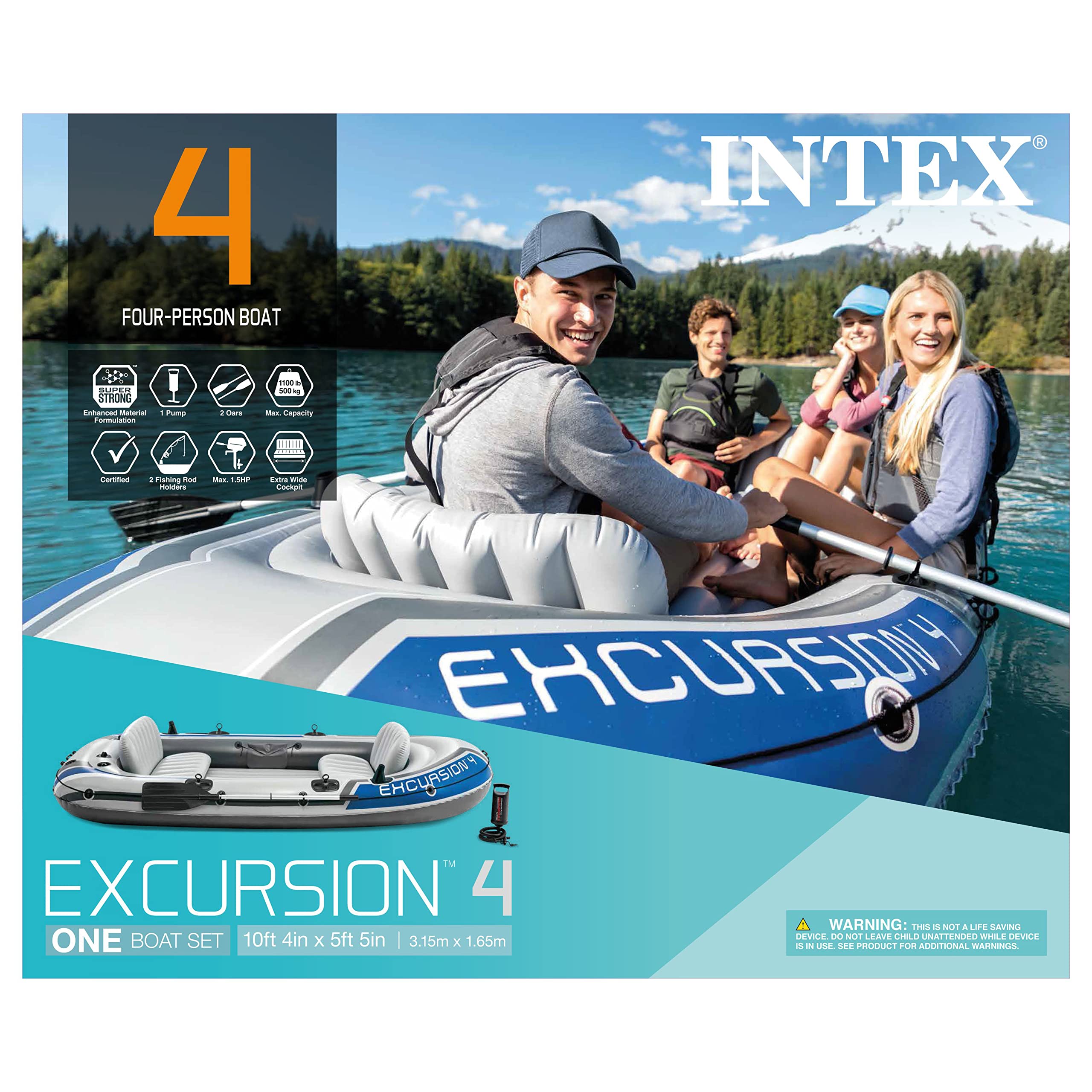 Intex 68324Ep Excursion 4 Inflatable Boat Set: Includes Deluxe 54In Aluminum Oars And High-Output Pump - Adjustable Seats With B