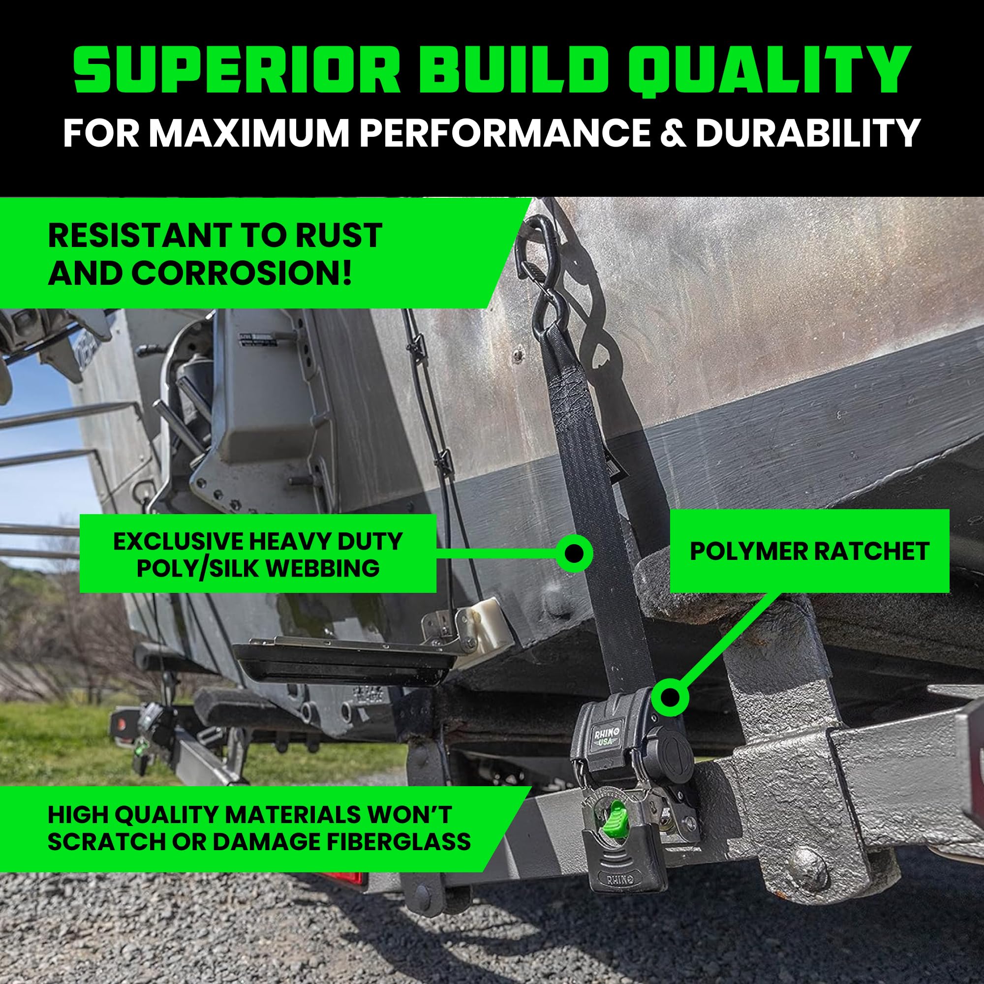 Rhino Usa Retractable Boat Trailer Straps (2-Pack)-Heavy Duty 2 Inch X 43 Inch Boat Tie Down Straps-Ultimate Trailer Mount Trans