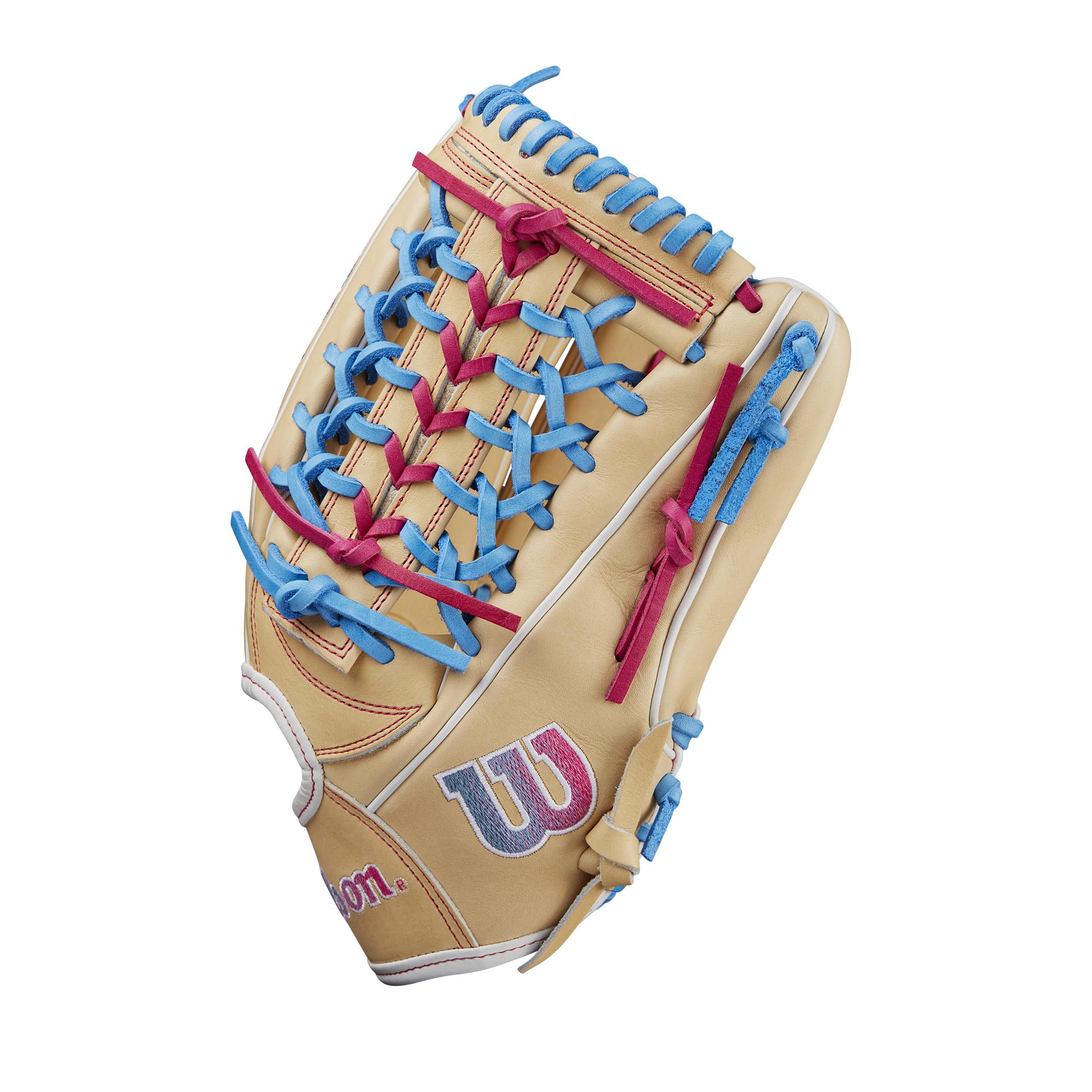 Wilson Winter 2024 A2000 T125 12.5'' Outfield Fastpitch Glove - Blonde/Blue/Flamingo, Left Hand Throw