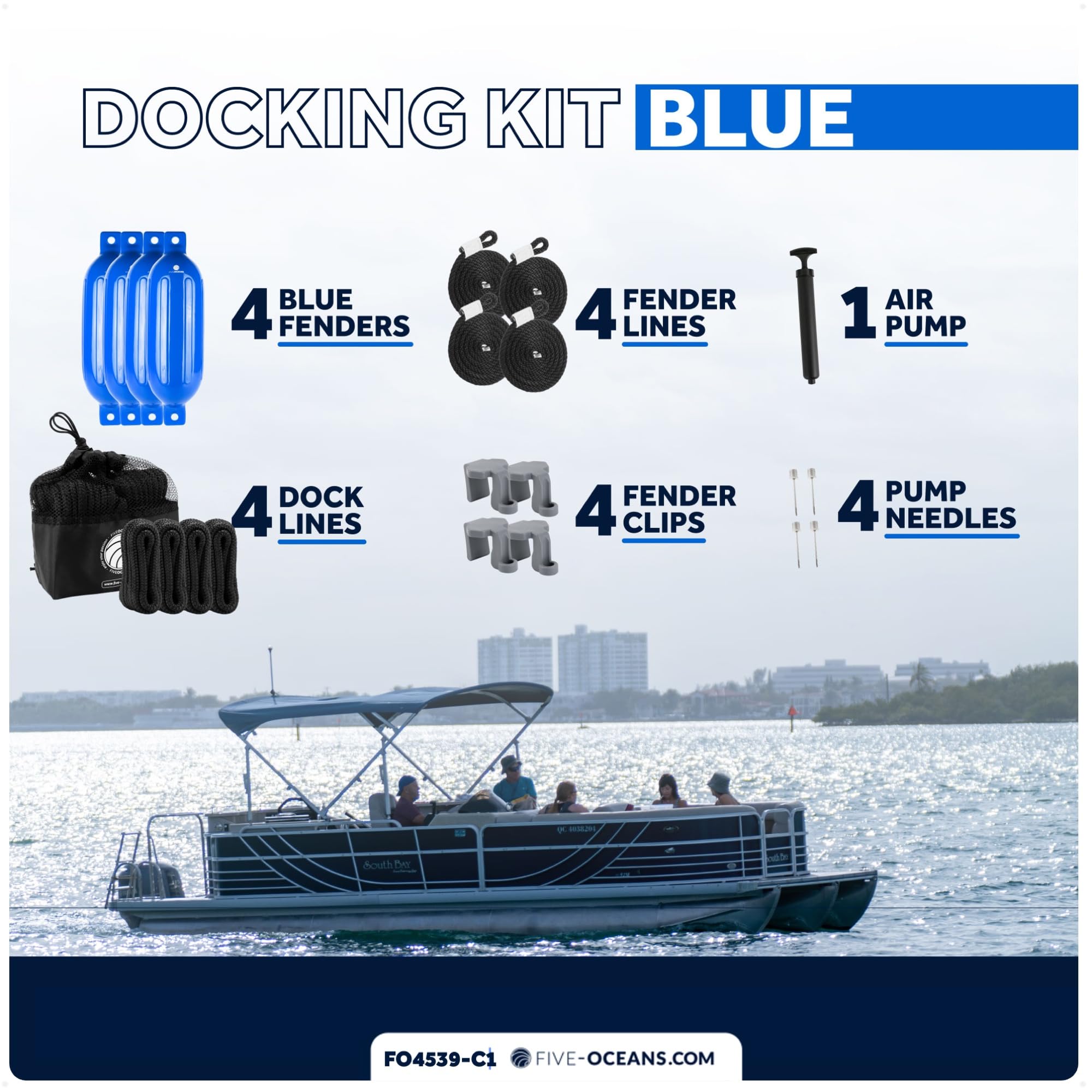 Five Oceans Boat Fenders Complete Set - Includes 4-Pack 4.5 X 16-Inch, Blue - Boat Bumpers Clips, Dock Lines 3/8'' X 15' - 4 Rop