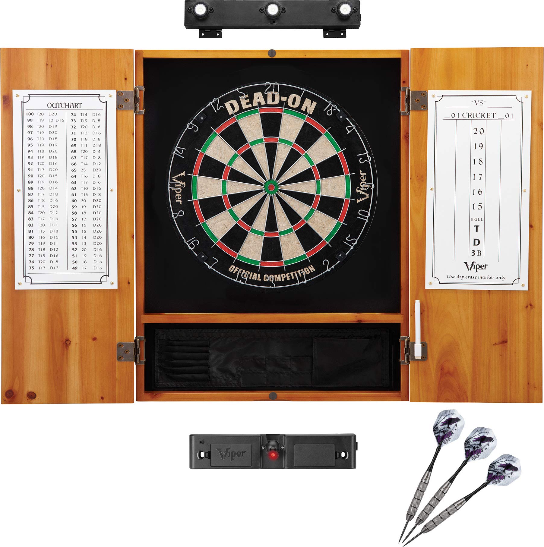 Viper Dead On Sisal Dartboard, Metropolitan Oak Cabinet, Shadow Buster Dartboard Lights & Laser Throw Line Marker