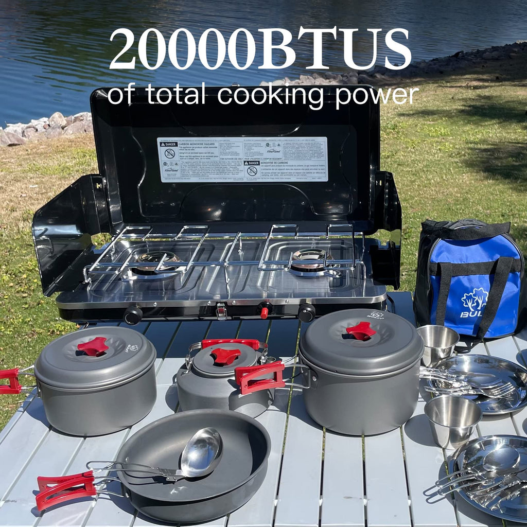 Fineflame Camping Stove, 2 Burners Portable Propane Camp Stove With Regulator, Integrated Igniter & Stainless Steel Drip Tray &