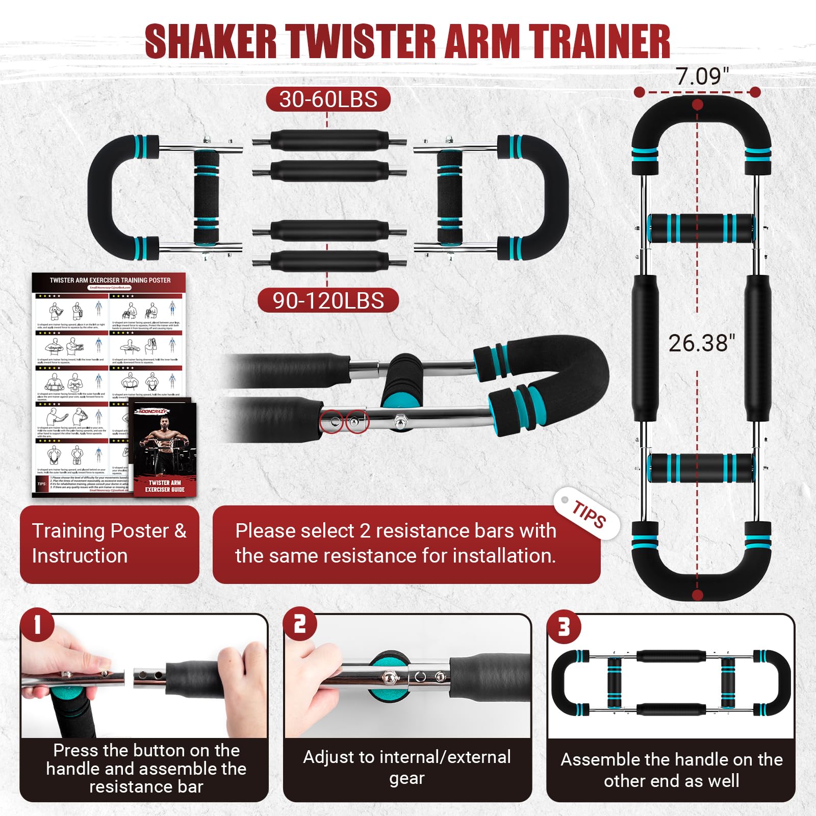 Twister Arm Trainer, 30-120 lbs Adjustable Twister Arm Chest Exerciser with 2/4 Spring & Poster for Men & Women, Detachable Powe