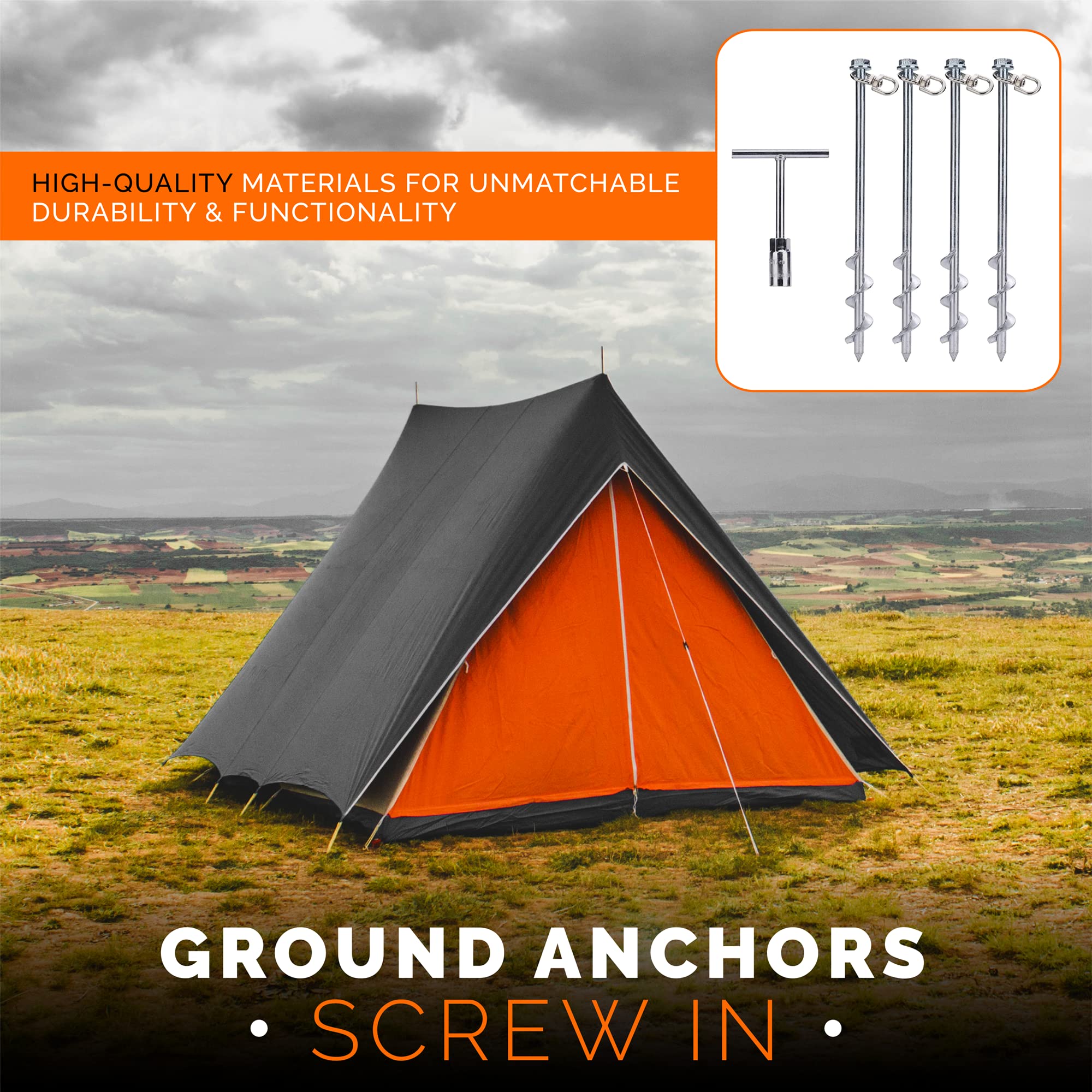 Ground Anchors Screw In - 12 Inch Set Of 4 - Tent Stakes Heavy Duty - Trampoline Anchor Kit - Earth Anchor - Swing Set Anchors F