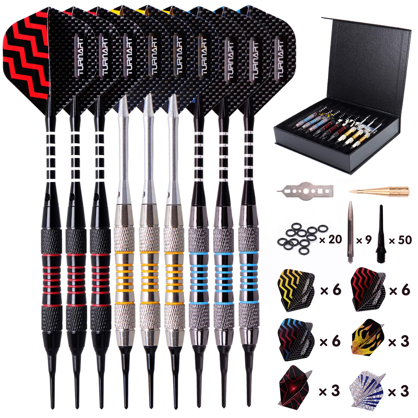 Darts Plastic Tip - Professional Soft Tip Darts Set For Electronic Dartboard 9 Pcs 18 Grams With 50 Extra Tips 9 Shafts 27 Fligh