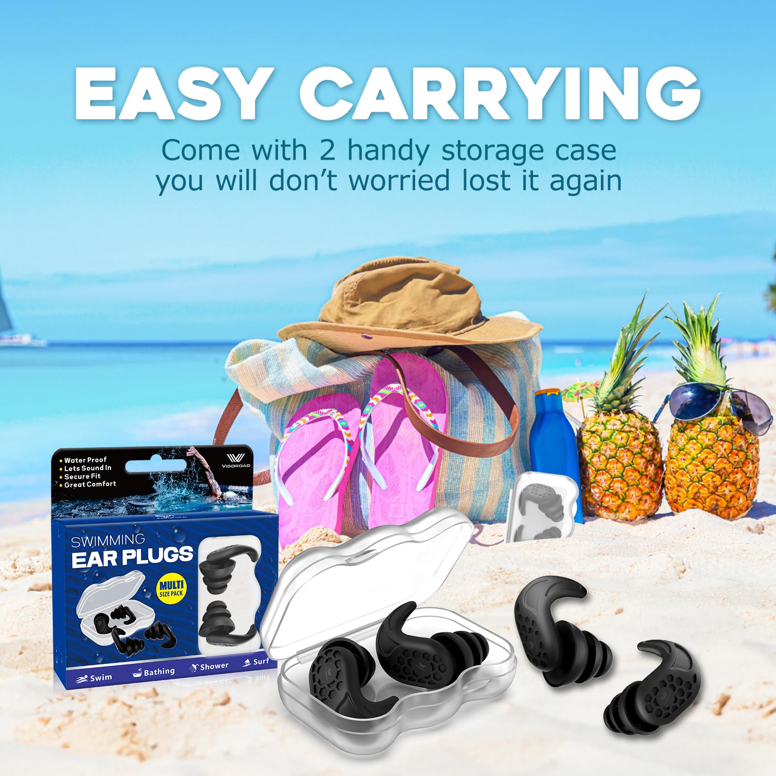Swimming Ear Plugs, Vigoroad 2 Pairs Waterproof Ultra Comfy Reusable Silicone Swimming Earplugs For Swimmers, Shower, Bathing, S