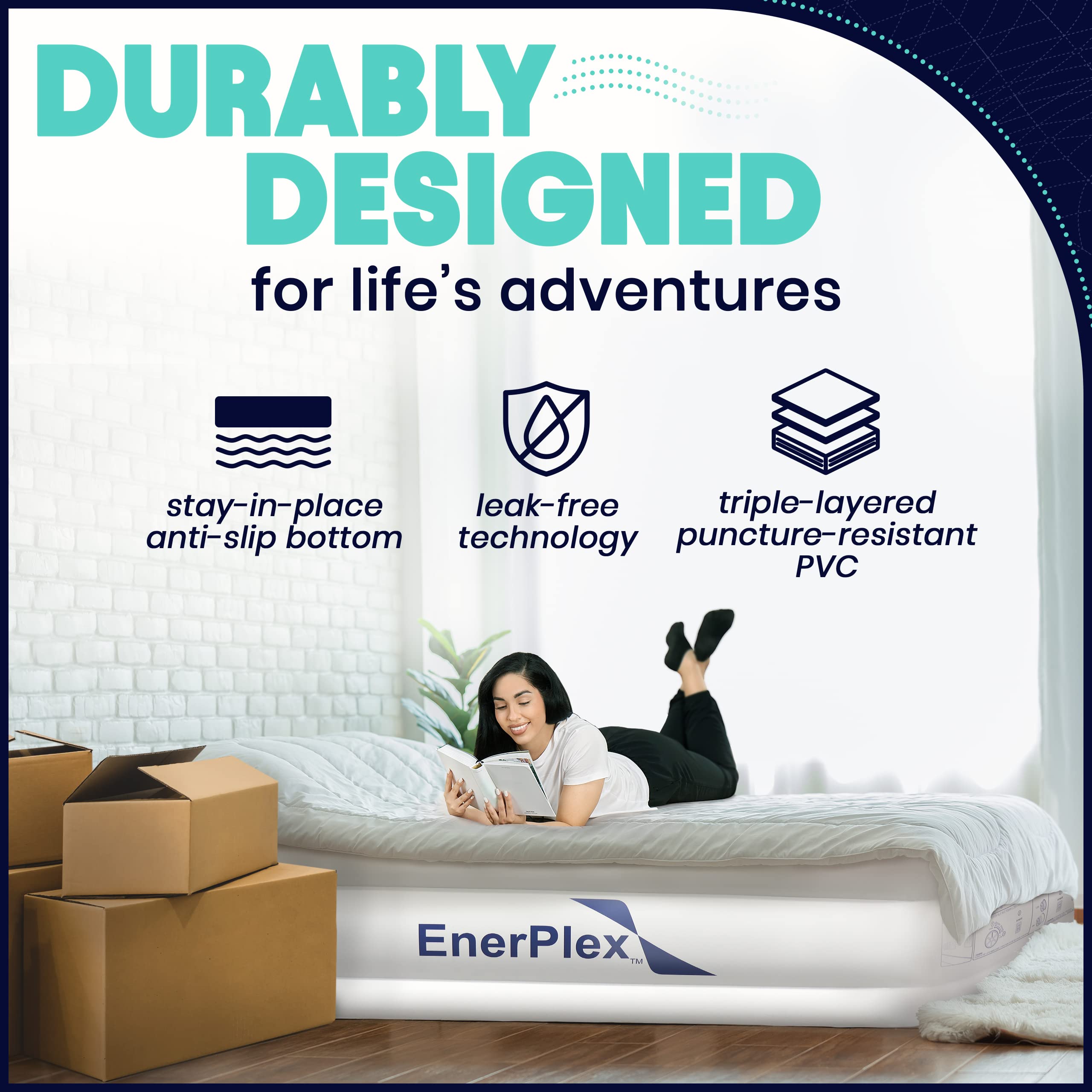 Enerplex Queen Air Mattress With Built-In Pump - 13 Inch Double Height Inflatable Mattress For Camping, Home & Portable Travel -