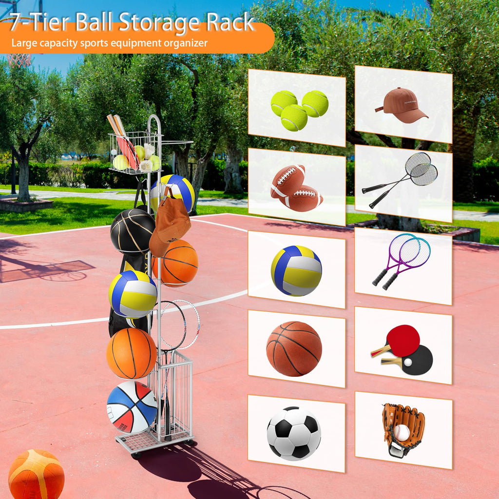 Garage Ball Storage Sports Equipment Organizer 7 Tier Basketball Rack Display Stand With Baskets And Hooks Freestanding Indoor &