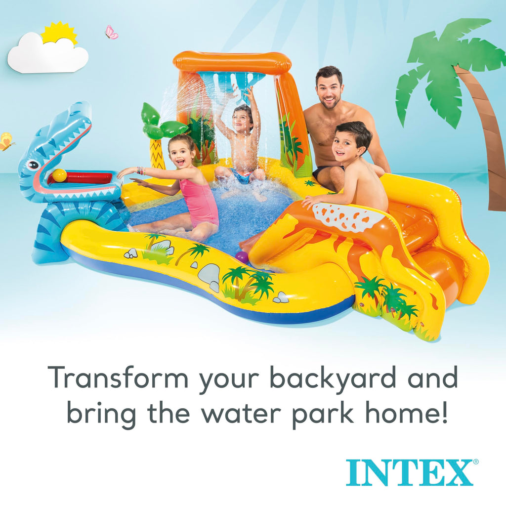 Intex Inflatable Dinosaur Play Center Outdoor Playhouse Inflatable Water Park With Kid Pool Slide, Water Sprayer, Waterfall, And