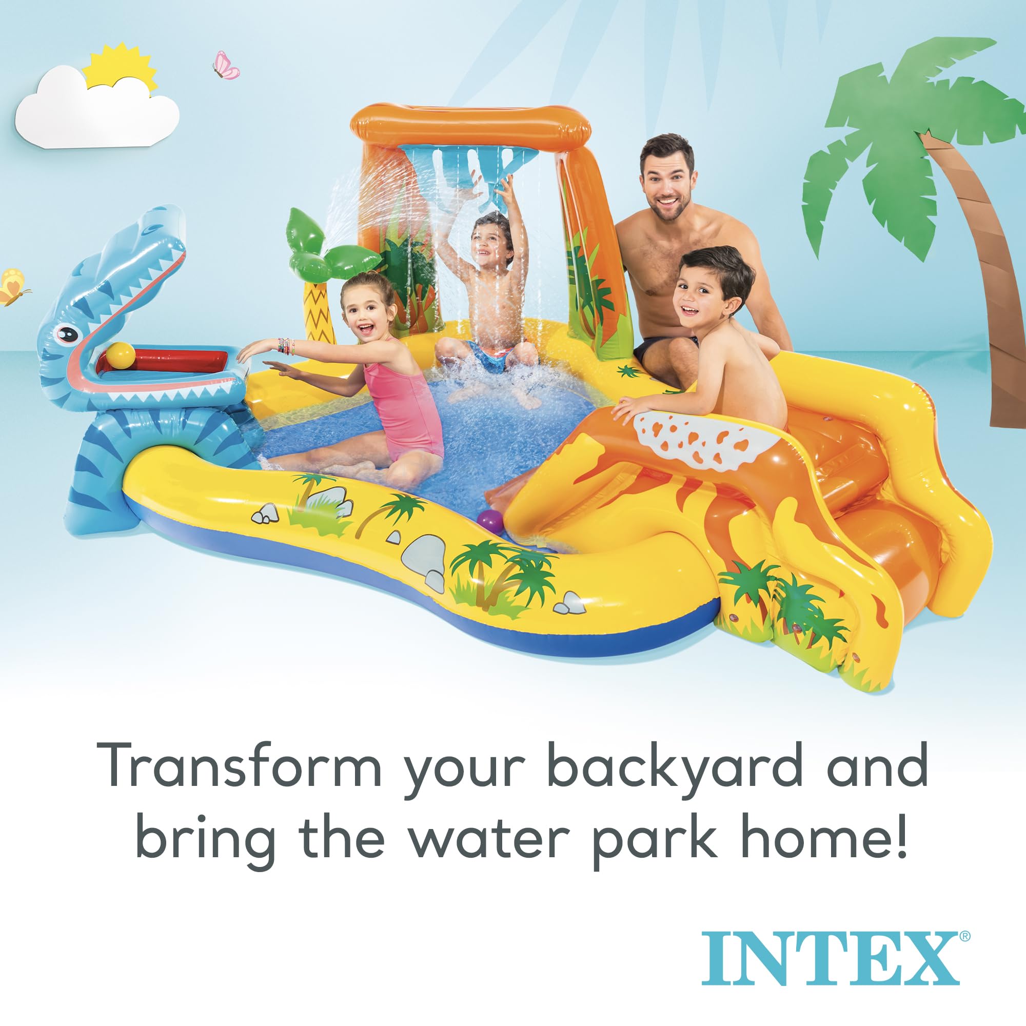 Intex Inflatable Dinosaur Play Center Outdoor Playhouse Inflatable Water Park With Kid Pool Slide, Water Sprayer, Waterfall, And