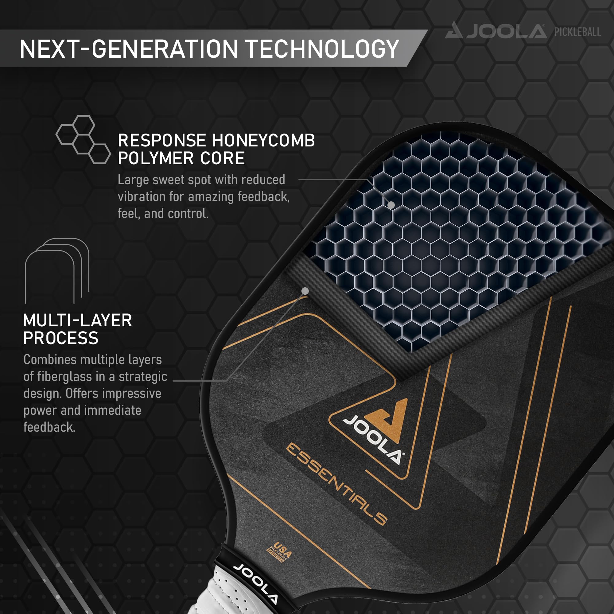 Joola Essentials Performance Pickleball Paddle With Reinforced Fiberglass Surface And Honeycomb Polypropylene Core, Black