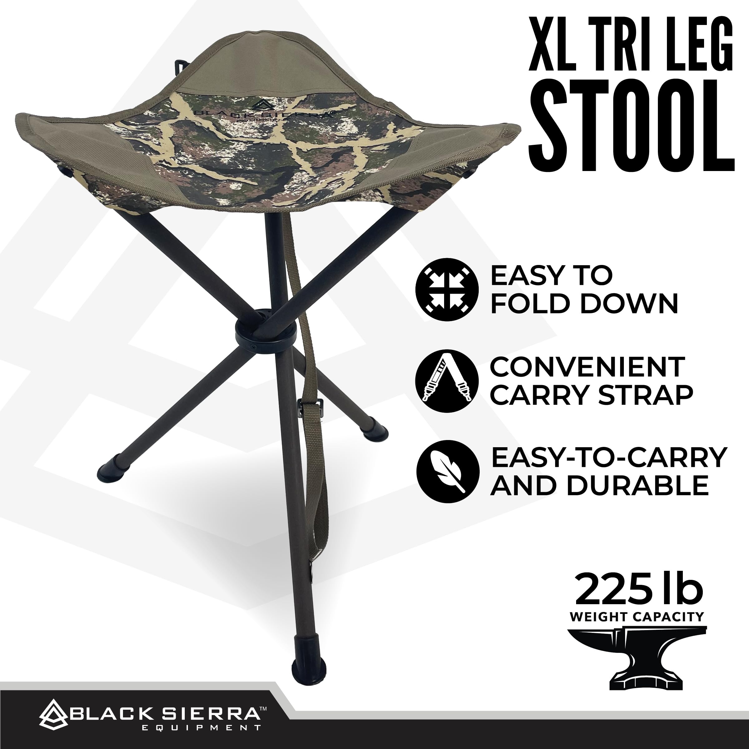 Black Sierra Folding Hunting Stool W/Shoulder Strap Supports 225 Lbs, Lightweight Collapsible Tripod Seat, Foldable Steel Frame